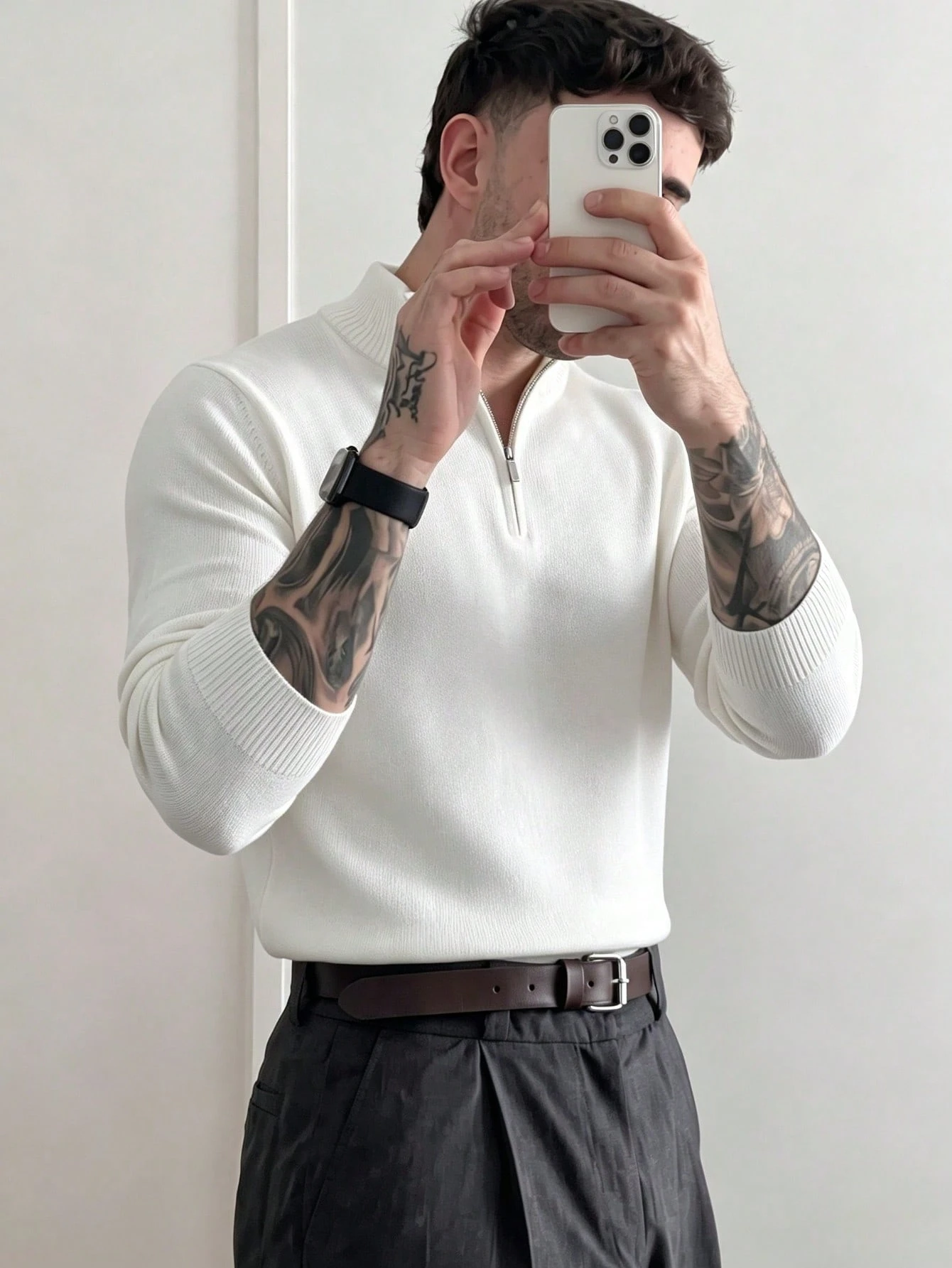 Pull classique à col montant zippé à manches longues en maille fine pour hommes, — vue 3