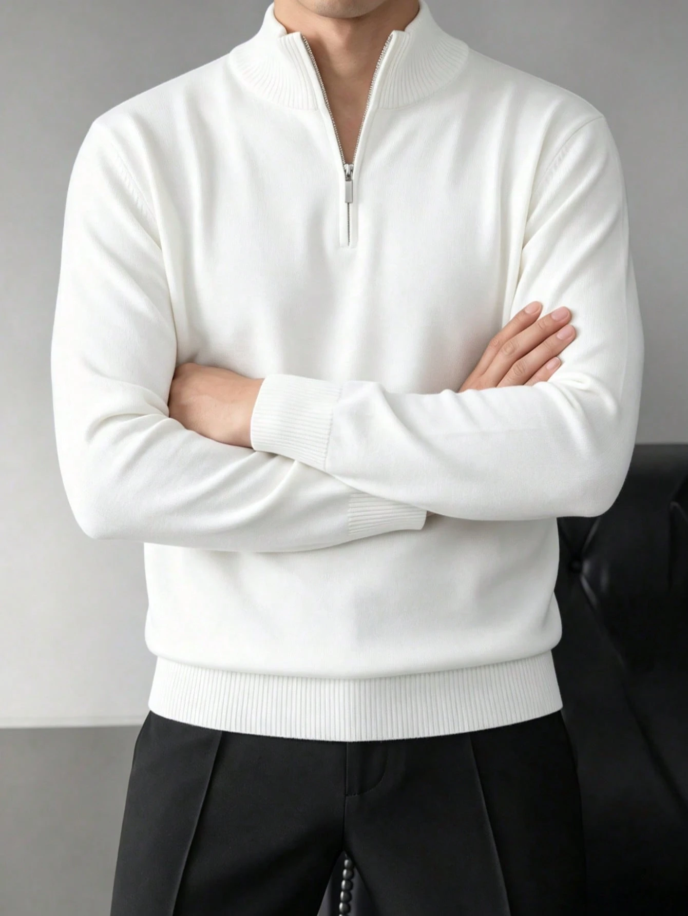 Pull classique à col montant zippé à manches longues en maille fine pour hommes, — vue 5