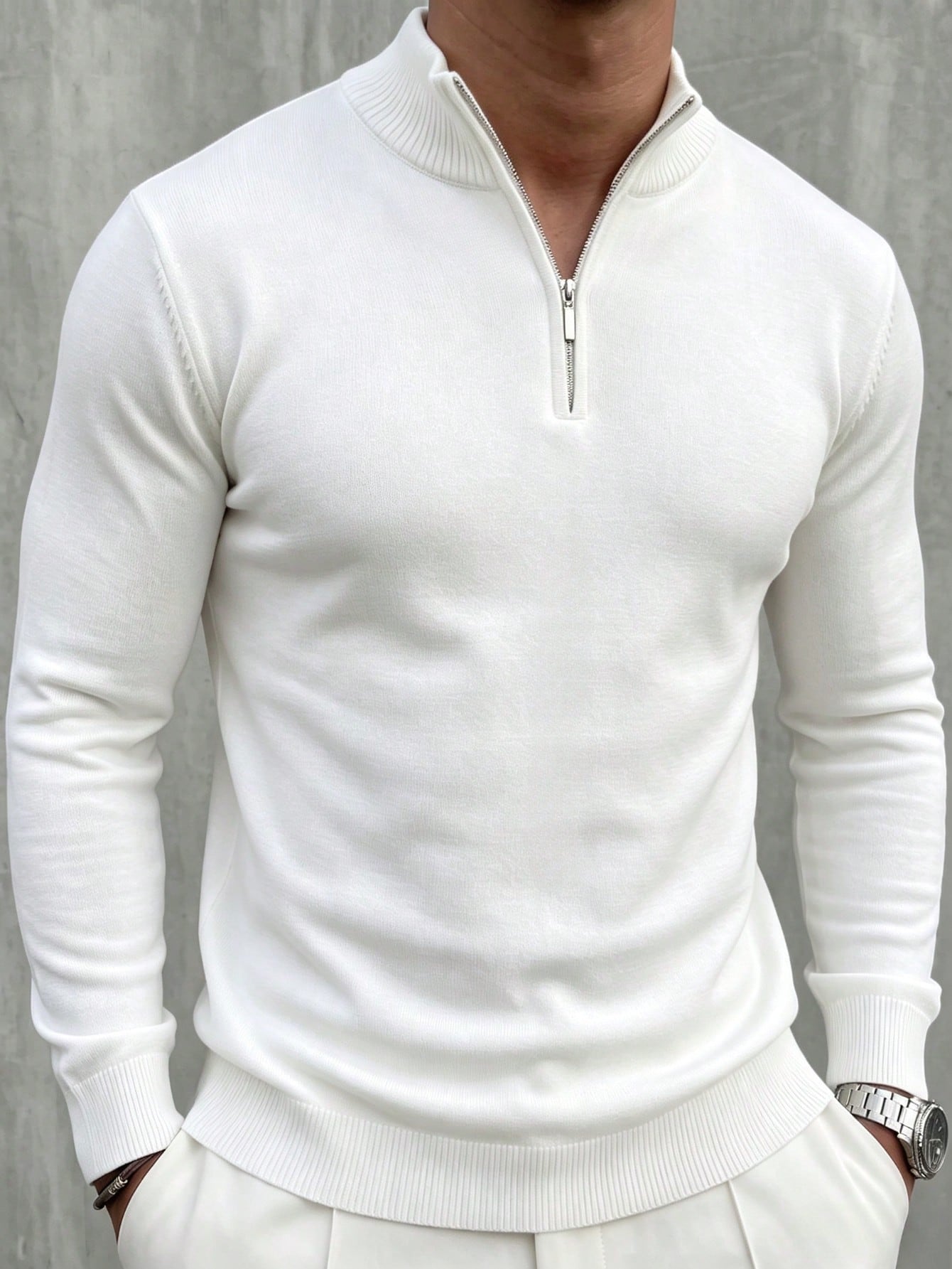 Pull classique à col montant zippé à manches longues en maille fine pour hommes, — vue 4