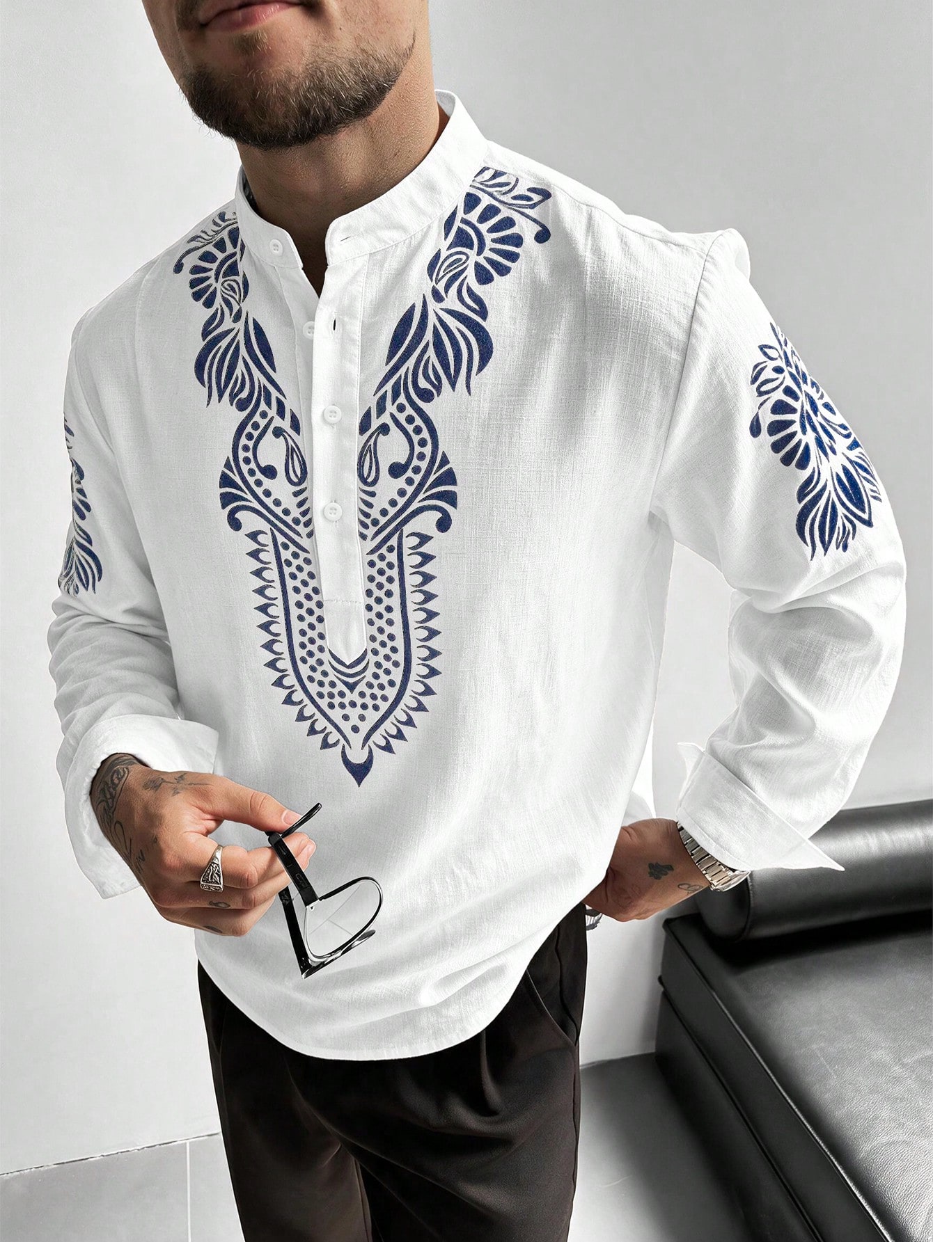 Chemise à manches longues en lin à col montant et demi-patte pour hommes GloMan, légère, — vue 5