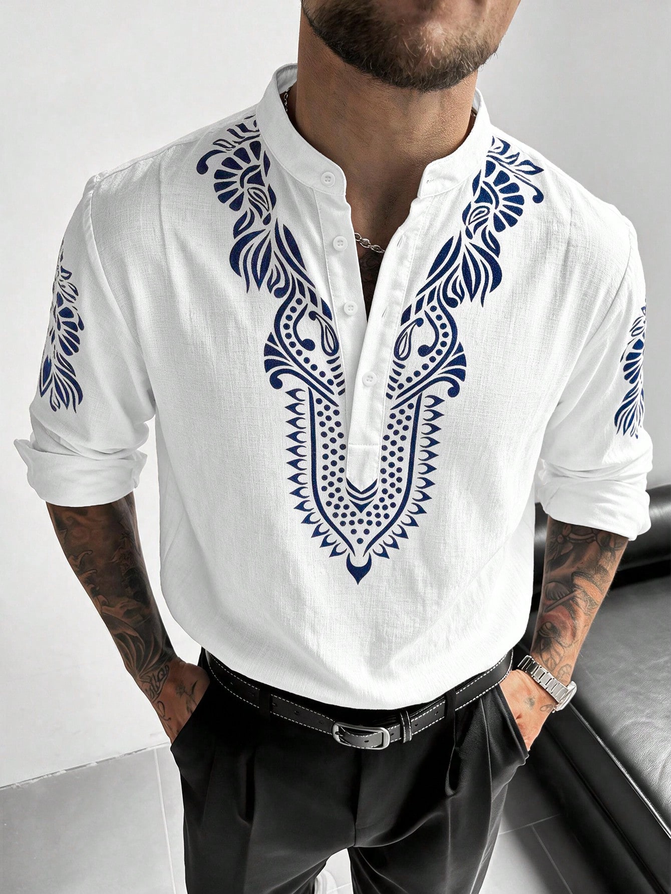 Chemise à manches longues en lin à col montant et demi-patte pour hommes GloMan, légère, — vue 6