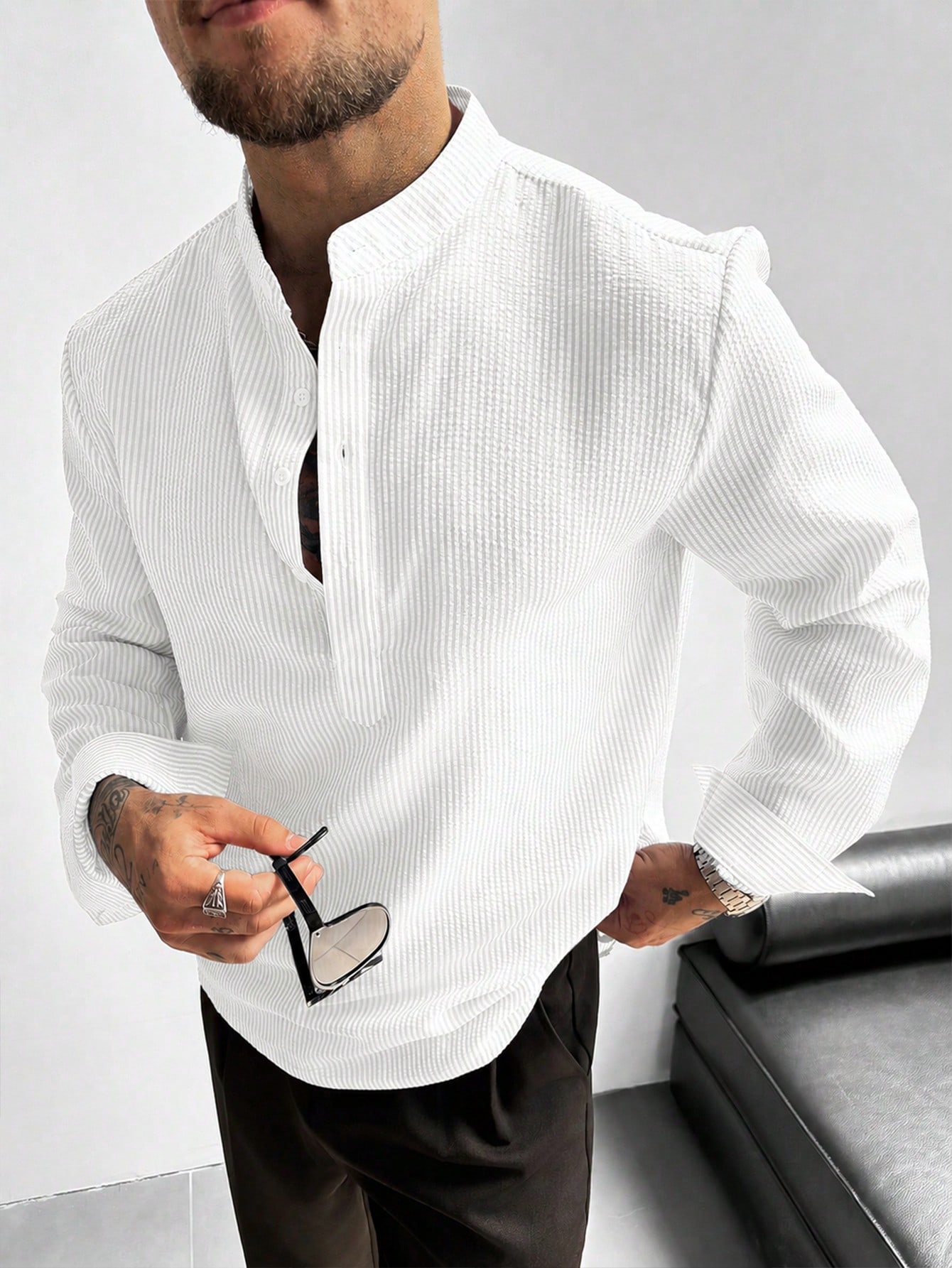 Chemise à manches longues en lin à col montant et demi-patte pour hommes GloMan, légère, — vue 7