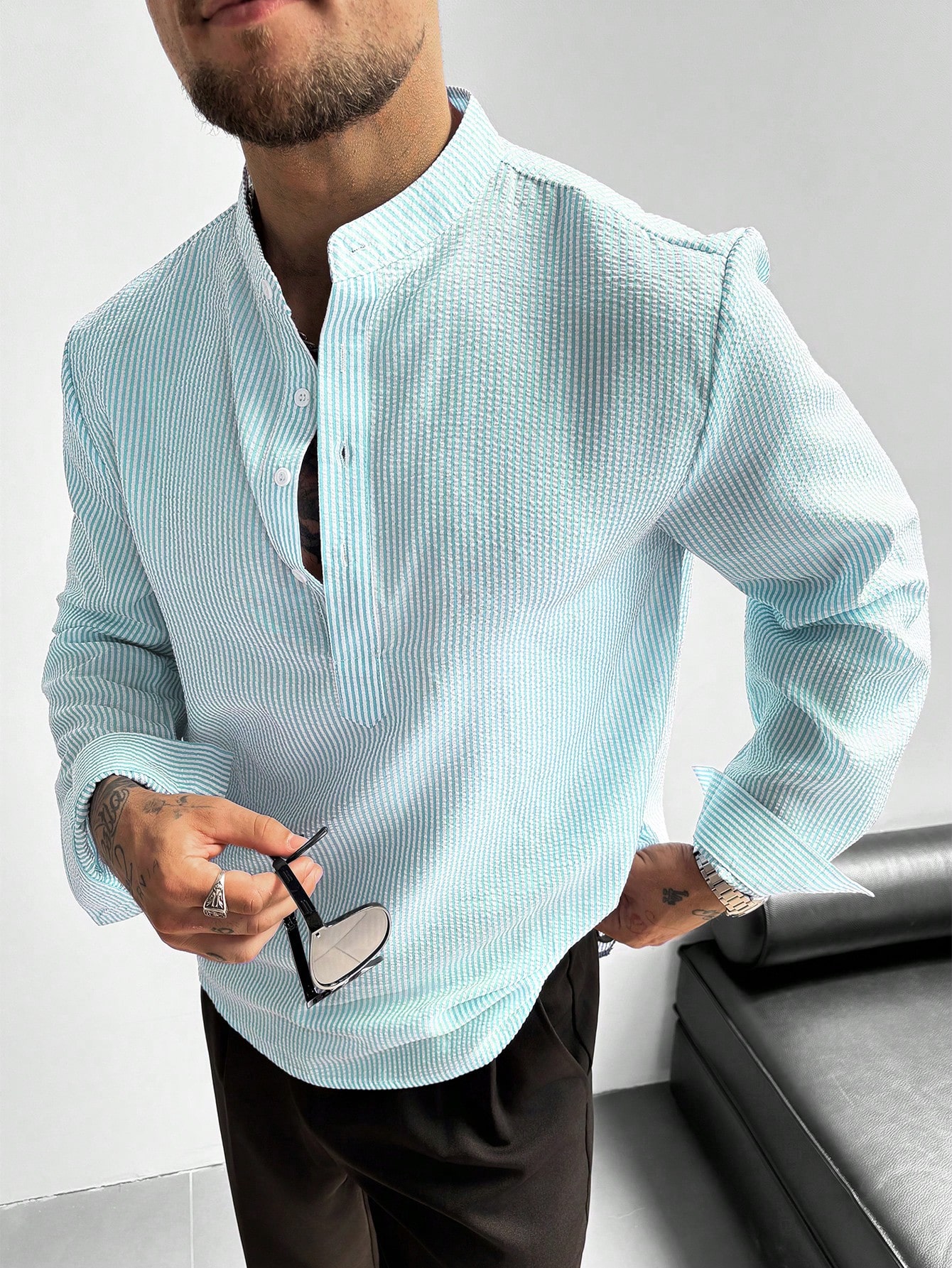 Chemise à manches longues en lin à col montant et demi-patte pour hommes GloMan, légère, — vue 18