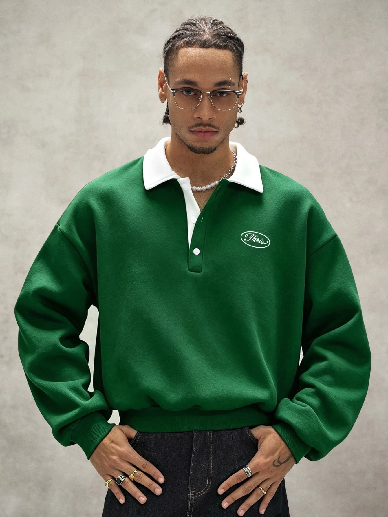 PAVTROS Sweat-shirt décontracté ample à manches longues avec col polo et imprimé lettres — vue 9