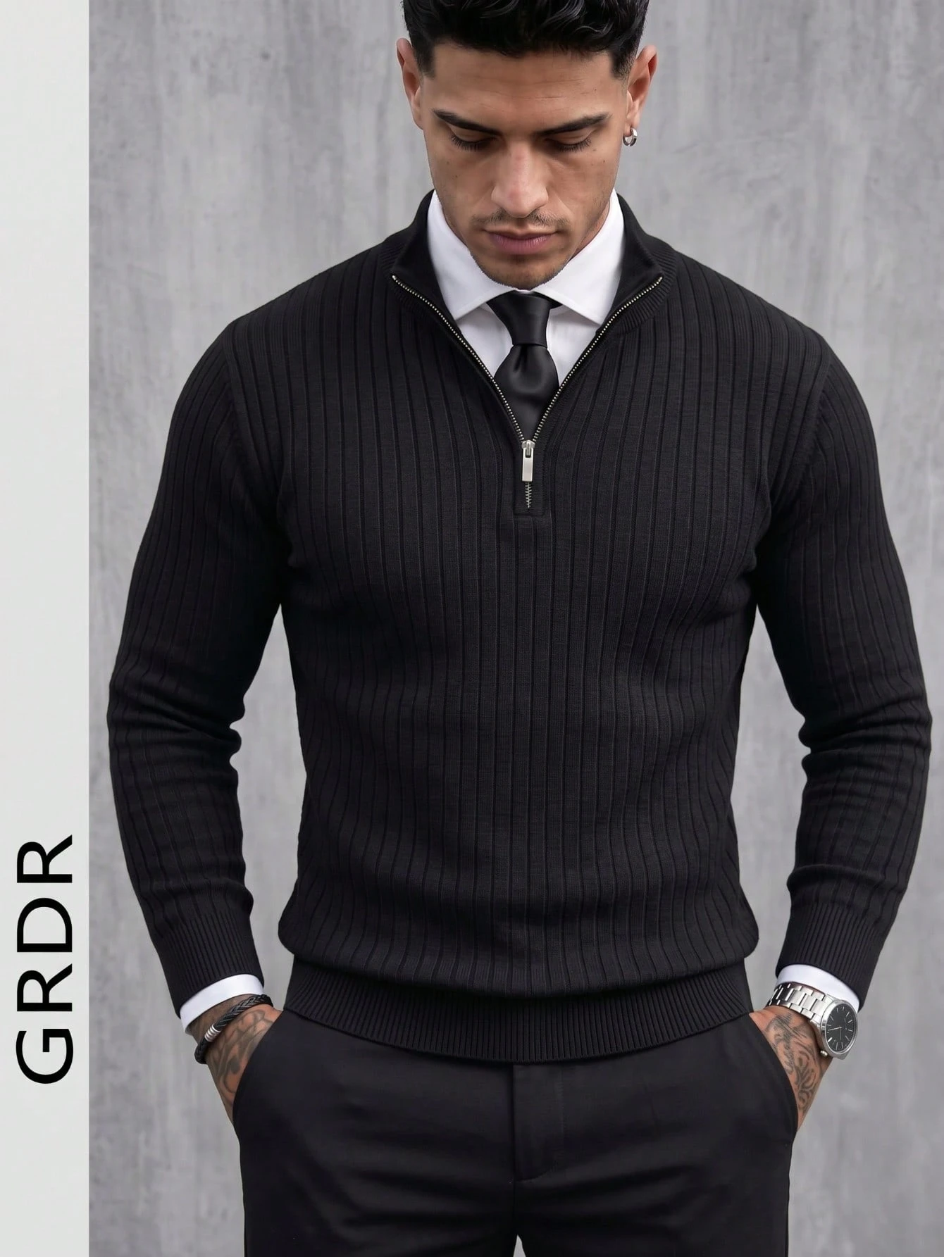 Pull à demi-zip côtelé pour hommes GRDR, couleur unie, tricot polyvalent et décontracté à — vue 2