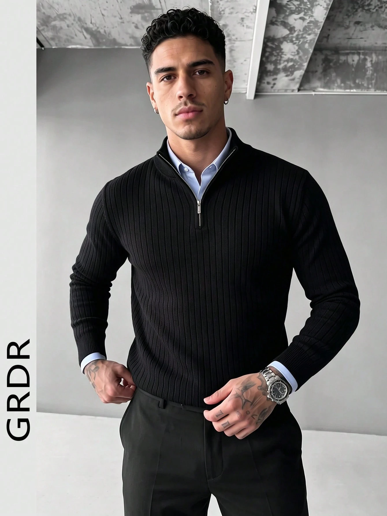 Pull à demi-zip côtelé pour hommes GRDR, couleur unie, tricot polyvalent et décontracté à — vue 5