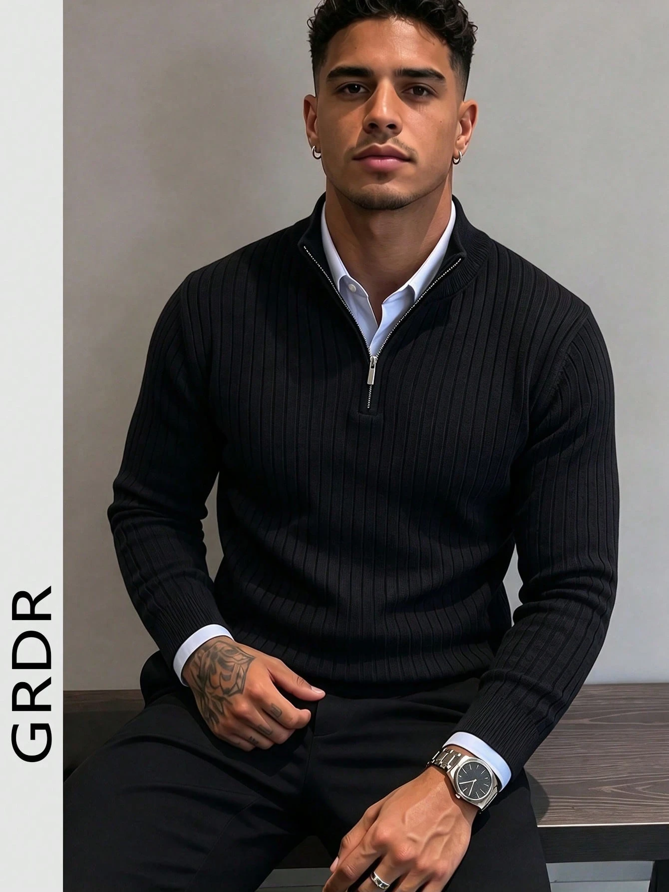 Pull à demi-zip côtelé pour hommes GRDR, couleur unie, tricot polyvalent et décontracté à