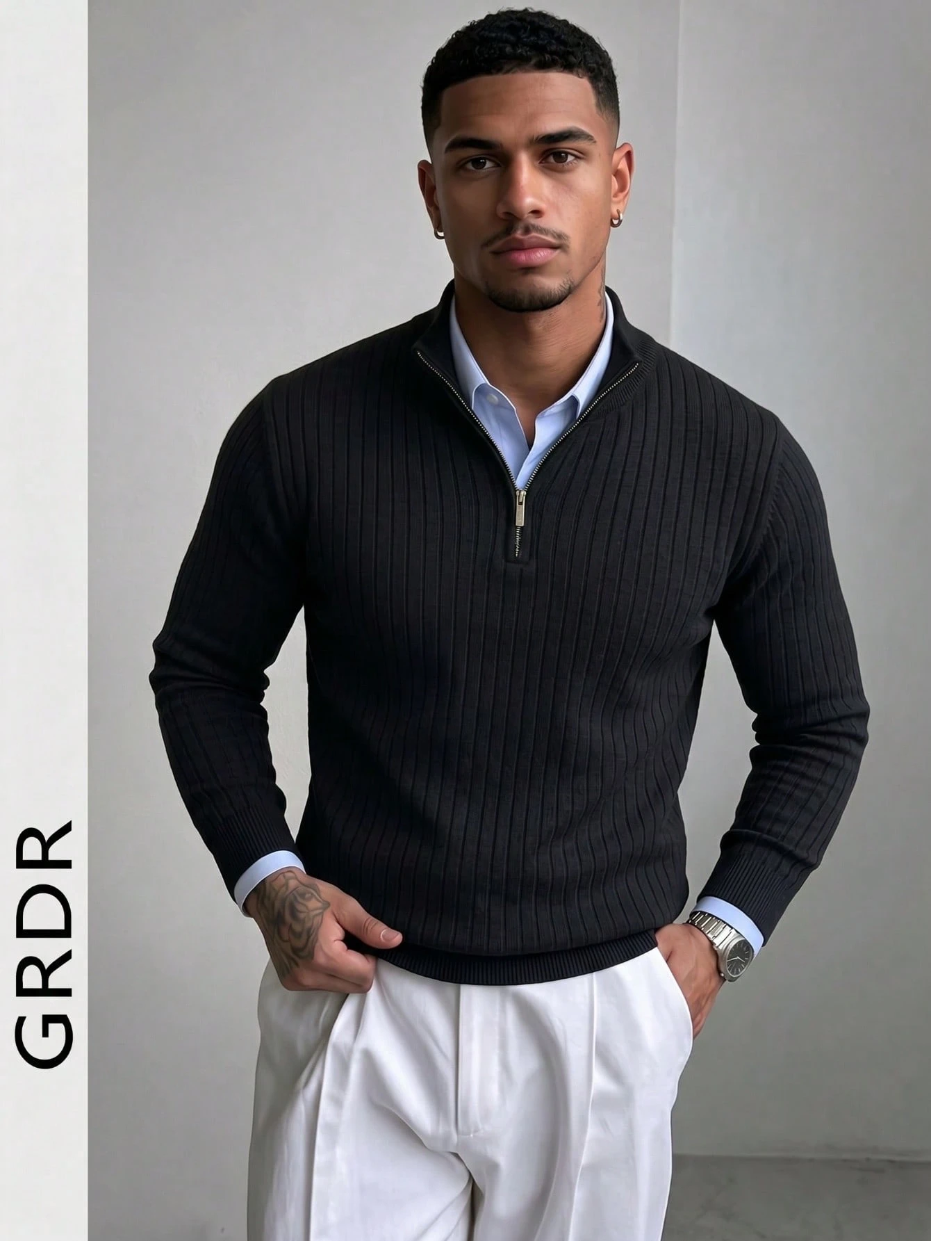 Pull à demi-zip côtelé pour hommes GRDR, couleur unie, tricot polyvalent et décontracté à — vue 3