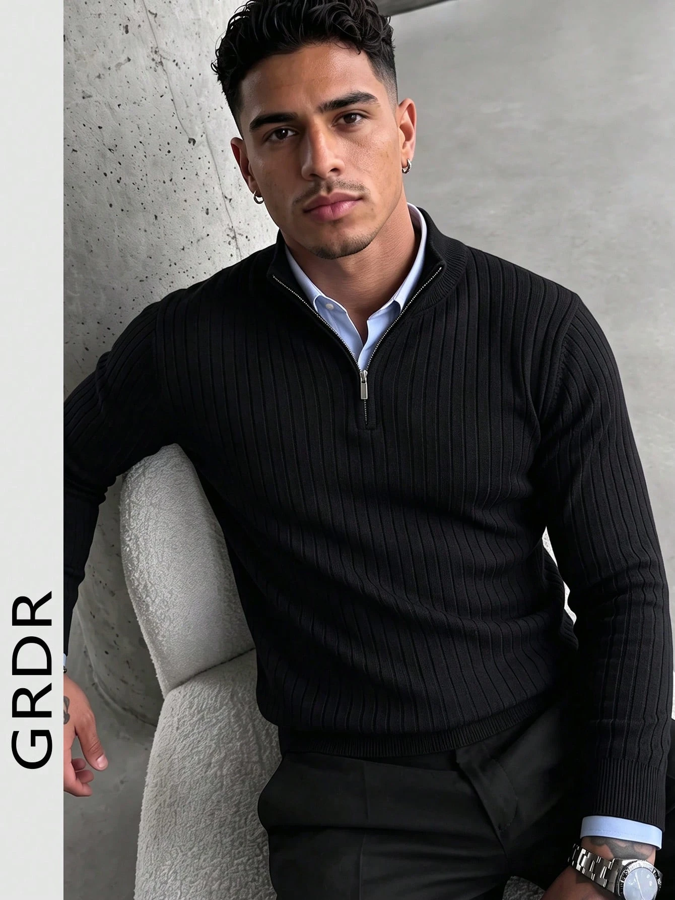 Pull à demi-zip côtelé pour hommes GRDR, couleur unie, tricot polyvalent et décontracté à — vue 4