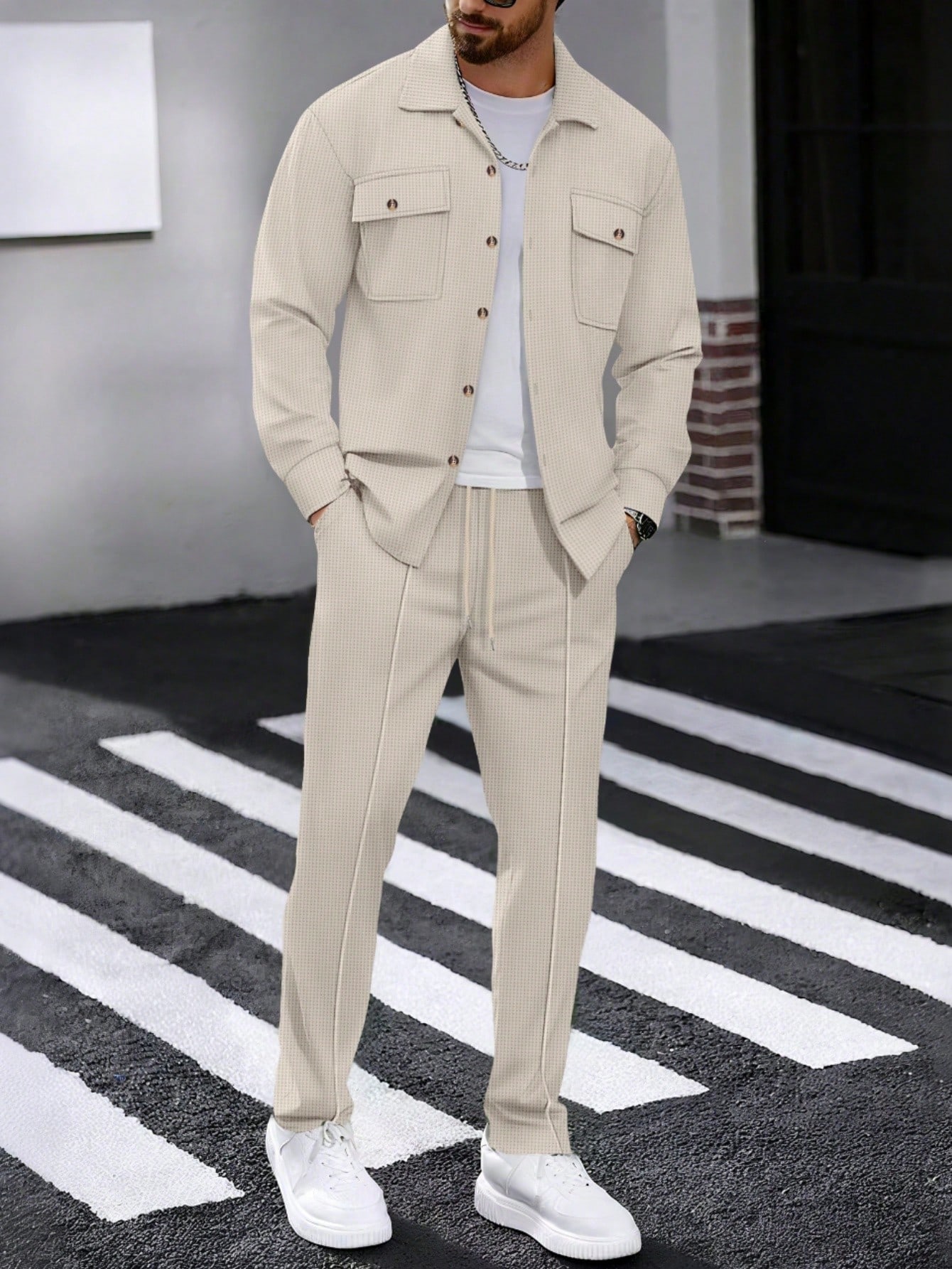 Ensemble 2 pièces pour hommes, chemise décontractée unie à double poche et col à revers à
