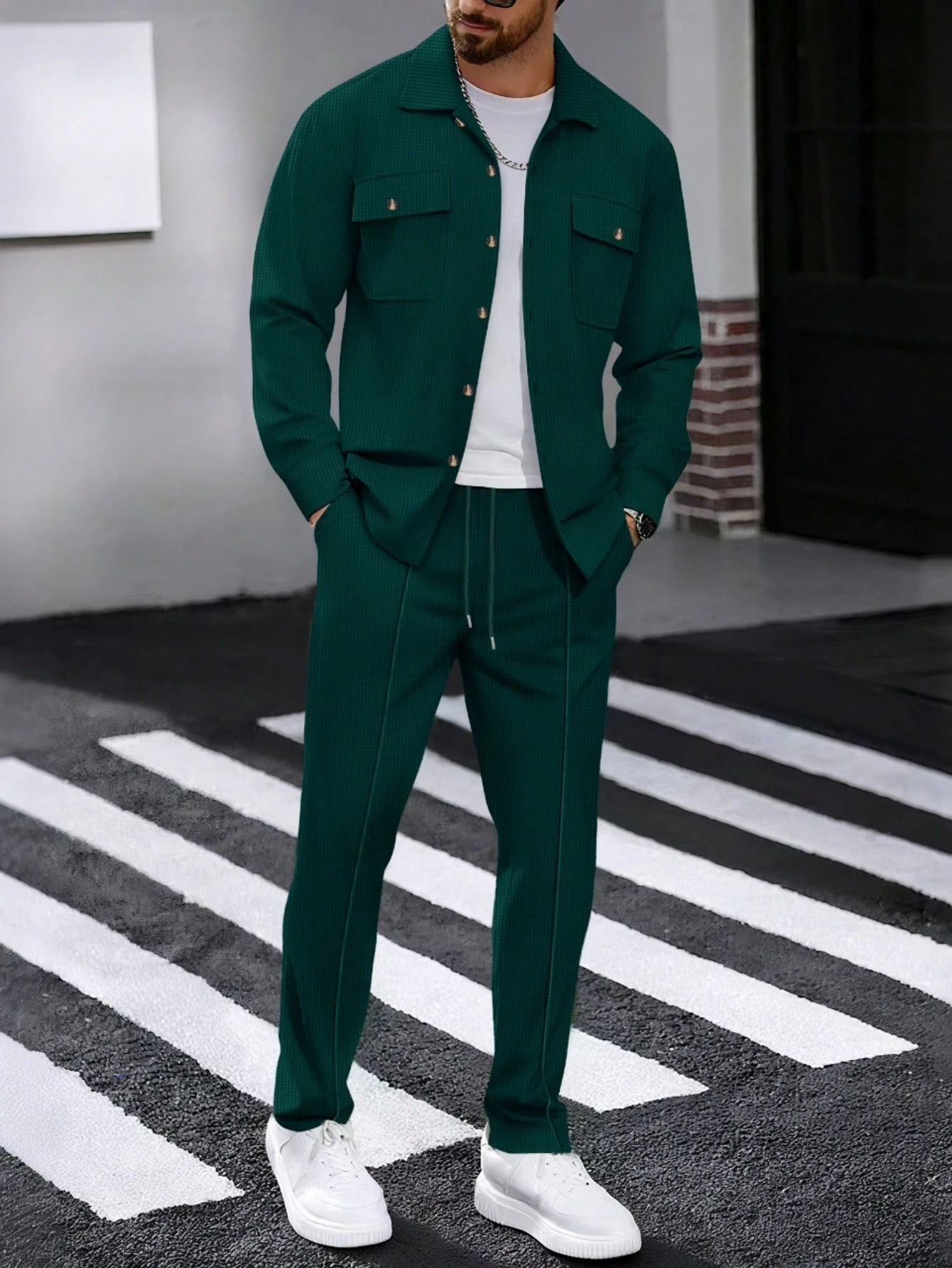 Ensemble 2 pièces pour hommes, chemise décontractée unie à double poche et col à revers à — vue 12