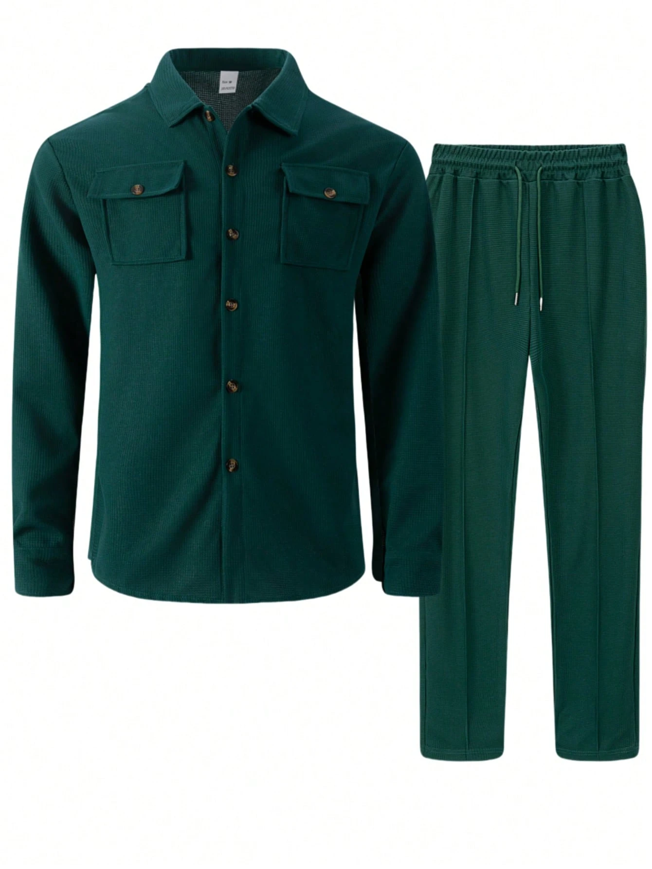 Ensemble 2 pièces pour hommes, chemise décontractée unie à double poche et col à revers à — vue 3