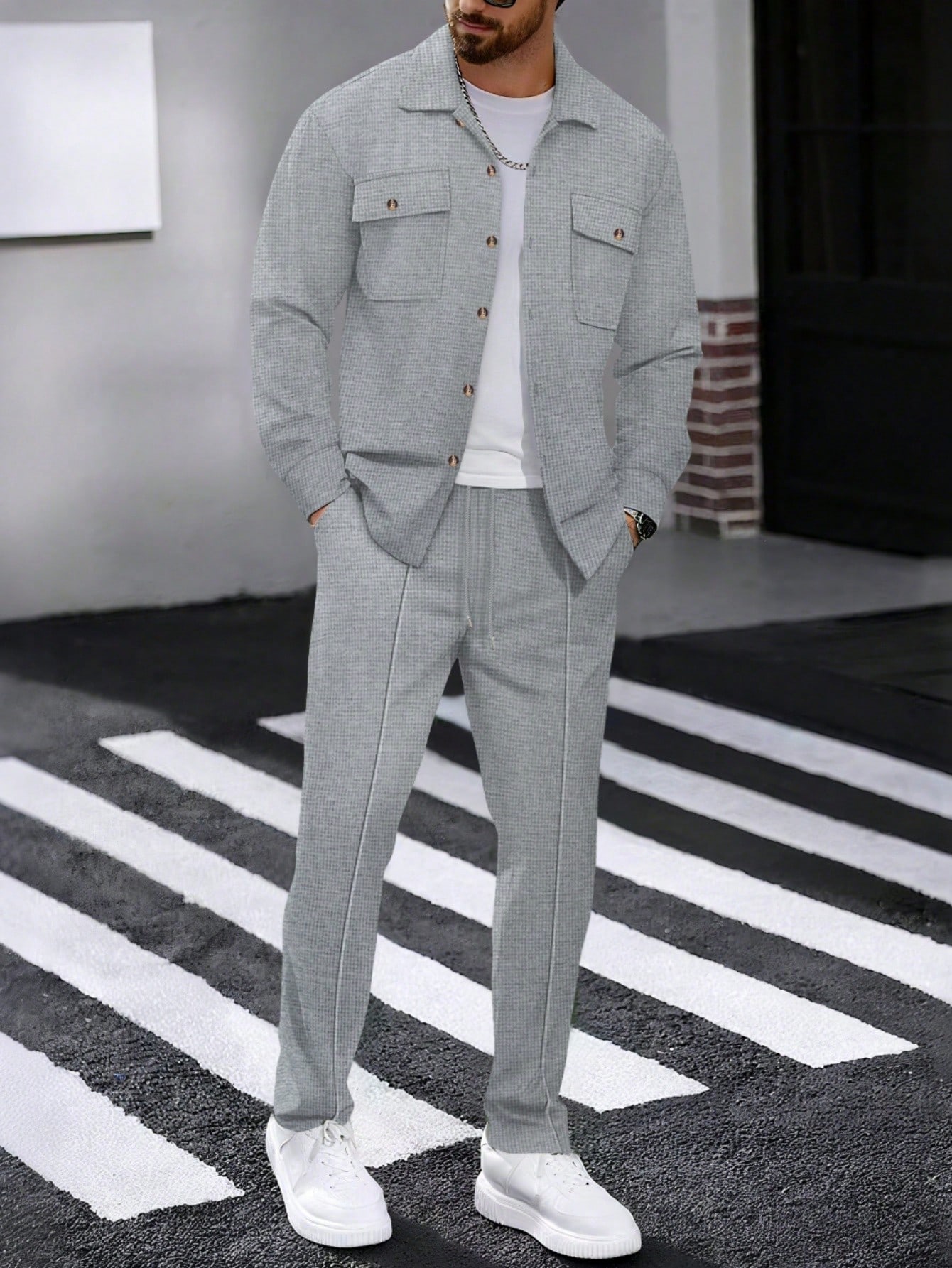 Ensemble 2 pièces pour hommes, chemise décontractée unie à double poche et col à revers à — vue 10