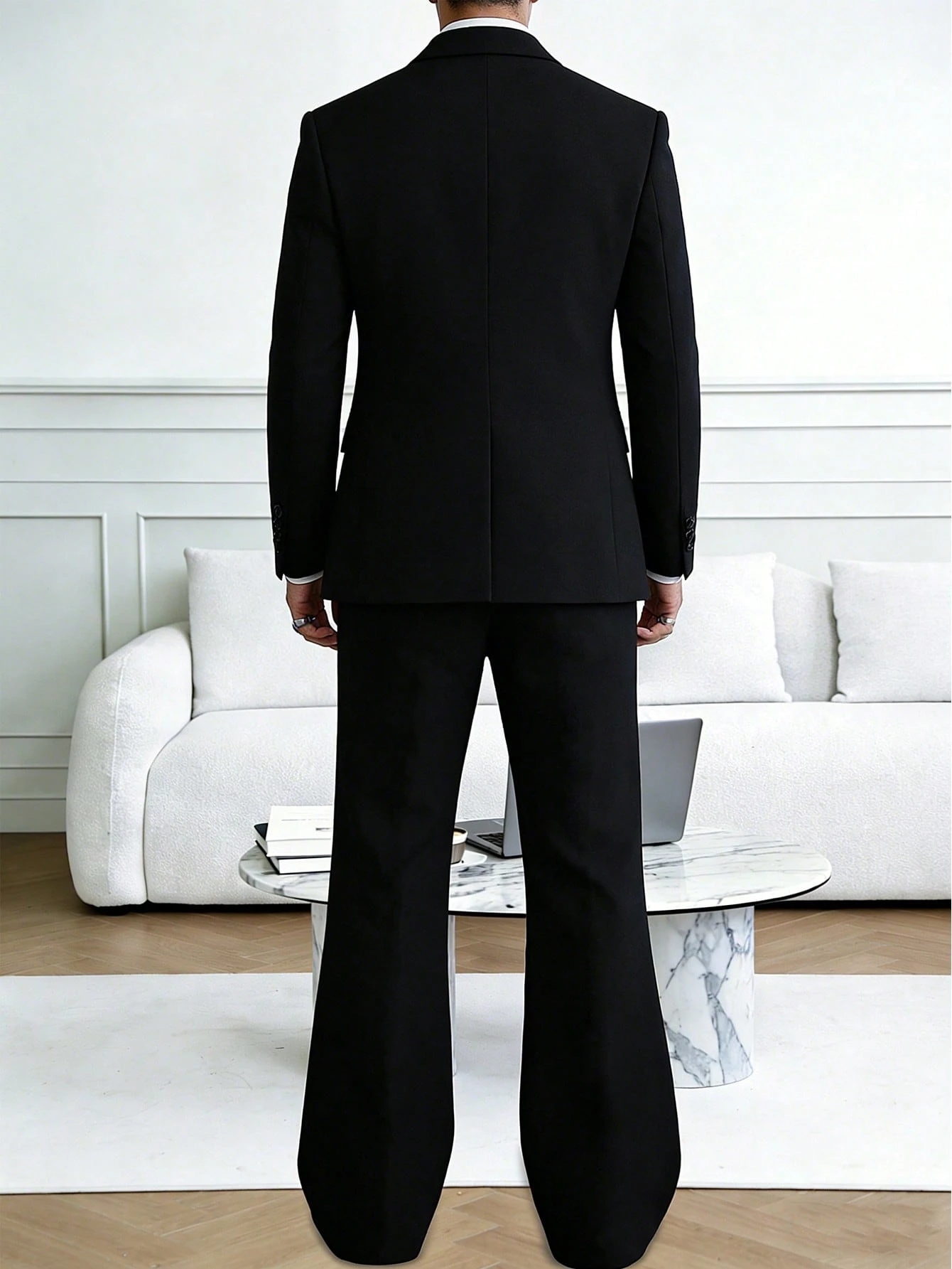 Manfinity Homme Costume formel en twill tressé noir pour hommes, costume croisé de — vue 2