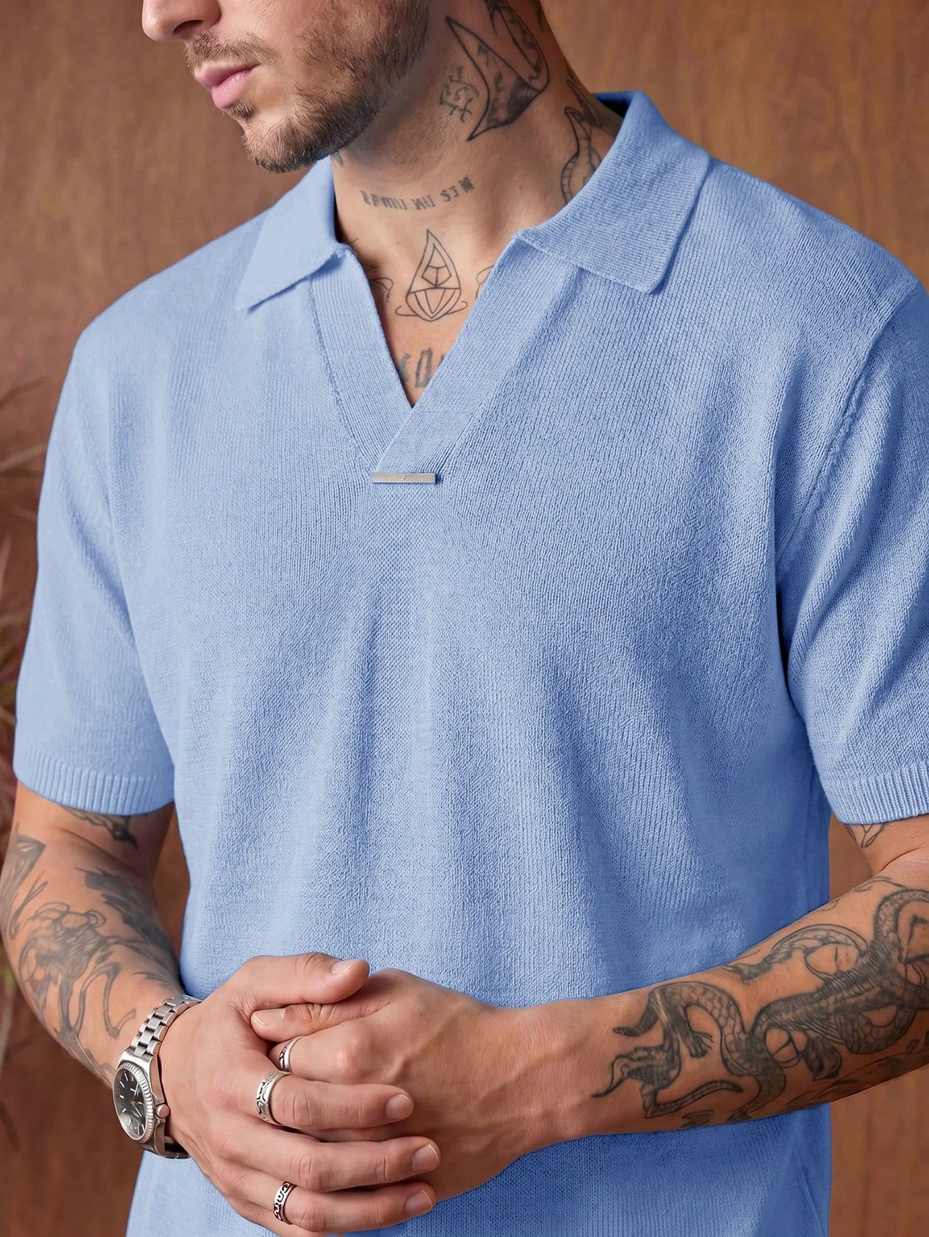 GENTILAND Top tricoté à manches courtes, col polo, couleur unie, mode polyvalente pour