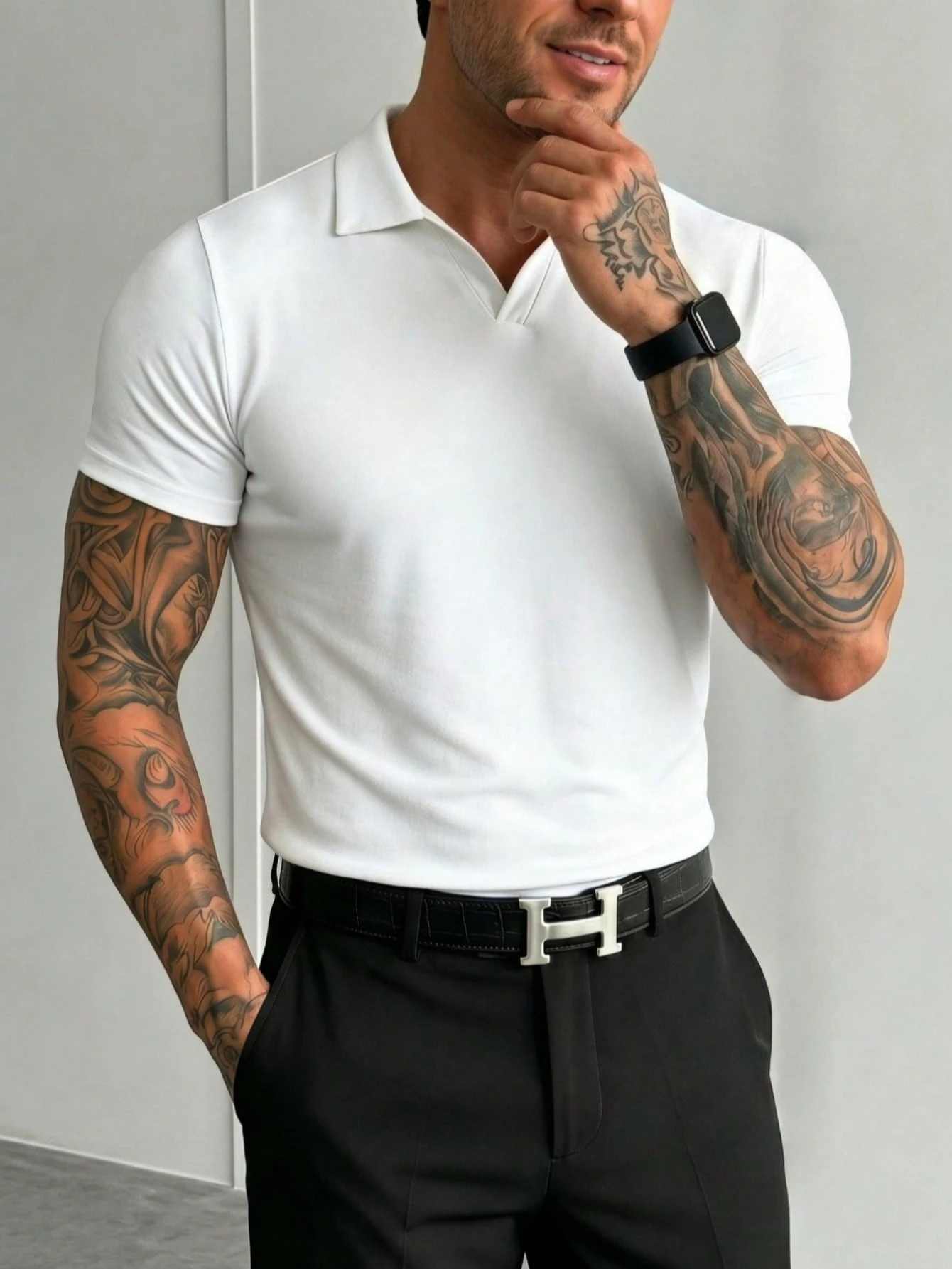 Chemise polo à manches courtes de couleur unie légère pour hommes, convient pour les — vue 5