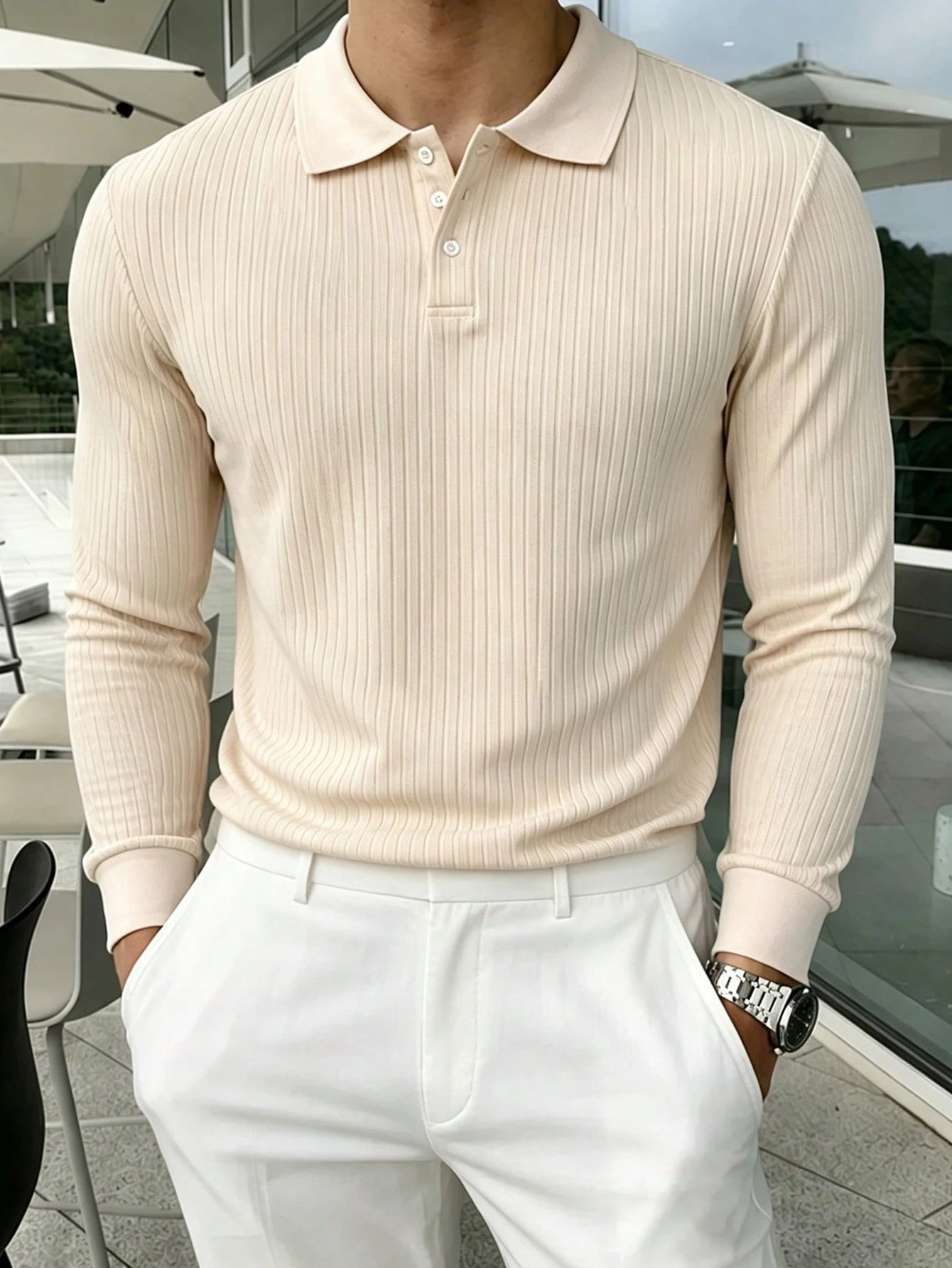 Claim Dot Chemise polo à manches longues de couleur unie décontractée pour usage — vue 3