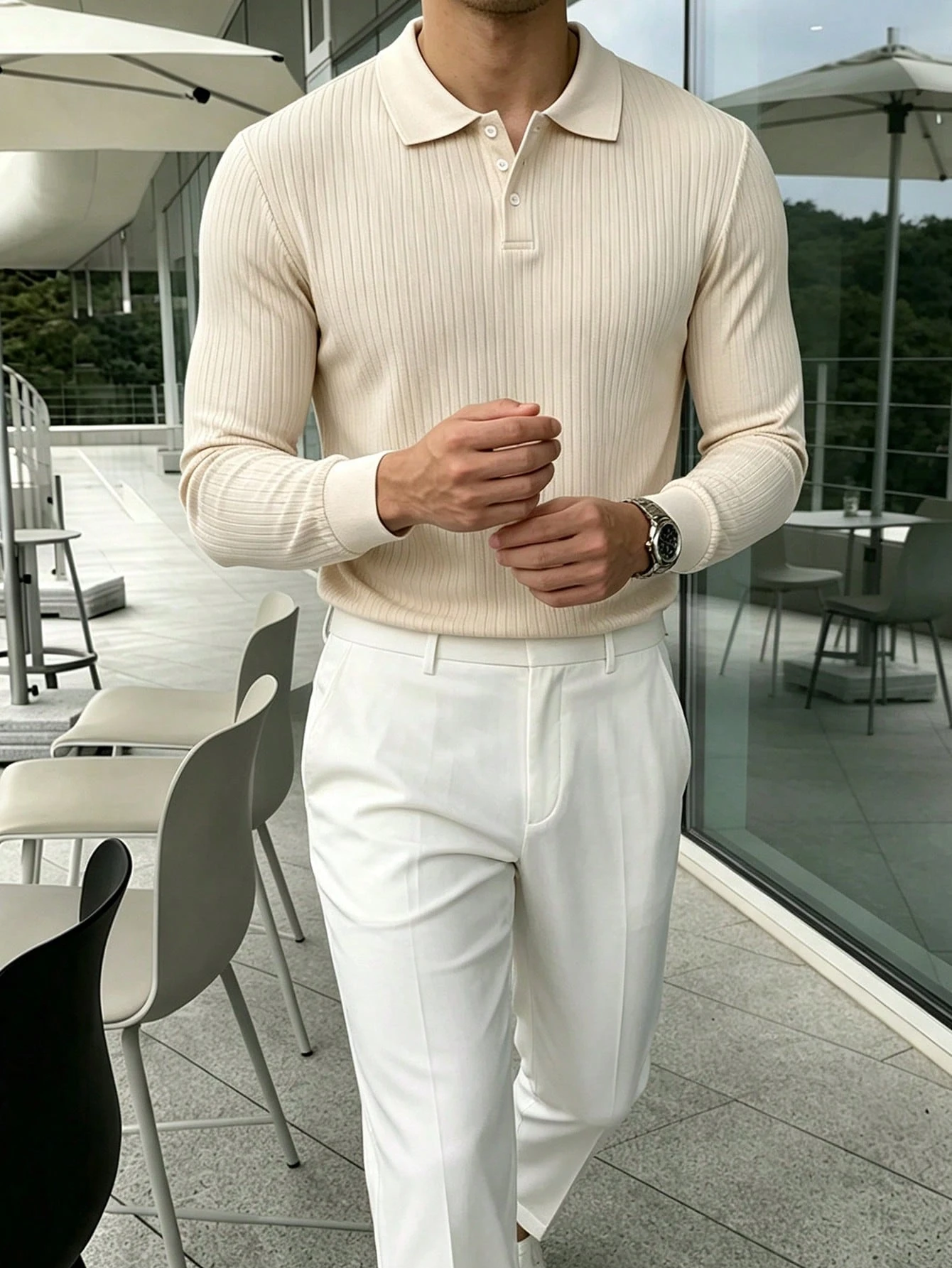 Claim Dot Chemise polo à manches longues de couleur unie décontractée pour usage — vue 4