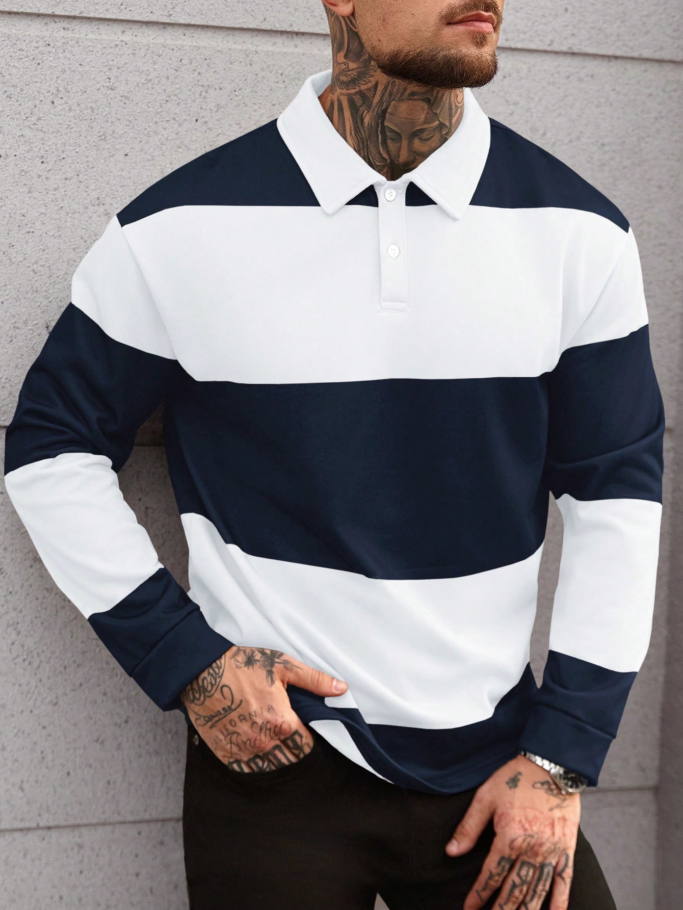 Manfinity Homme Polo à manches longues rayé décontracté ample pour hommes, chemise de