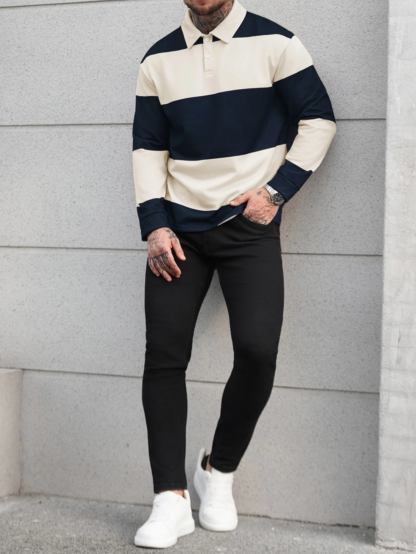 Manfinity Homme Polo à manches longues rayé décontracté ample pour hommes, chemise de — vue 4