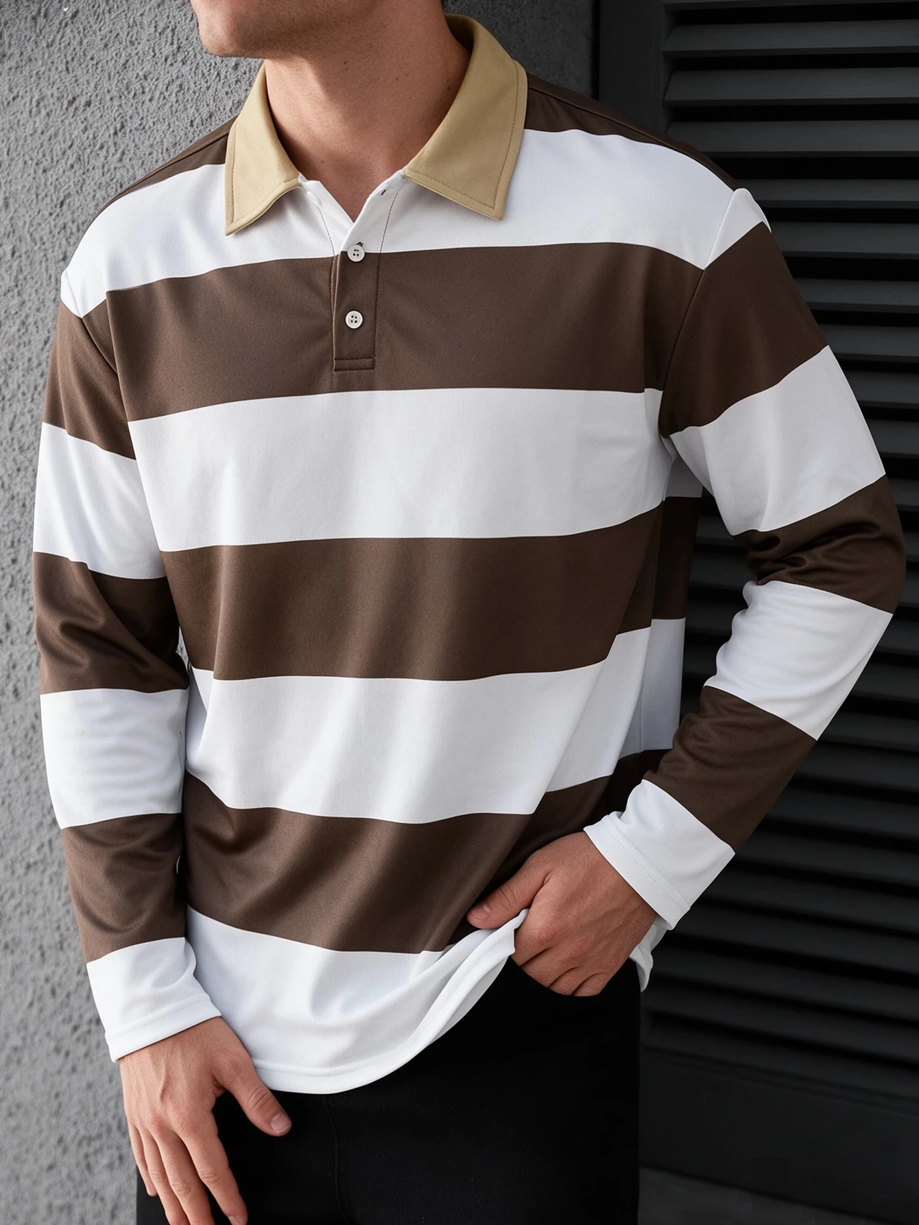 Manfinity Homme Polo à manches longues rayé décontracté ample pour hommes, chemise de — vue 7