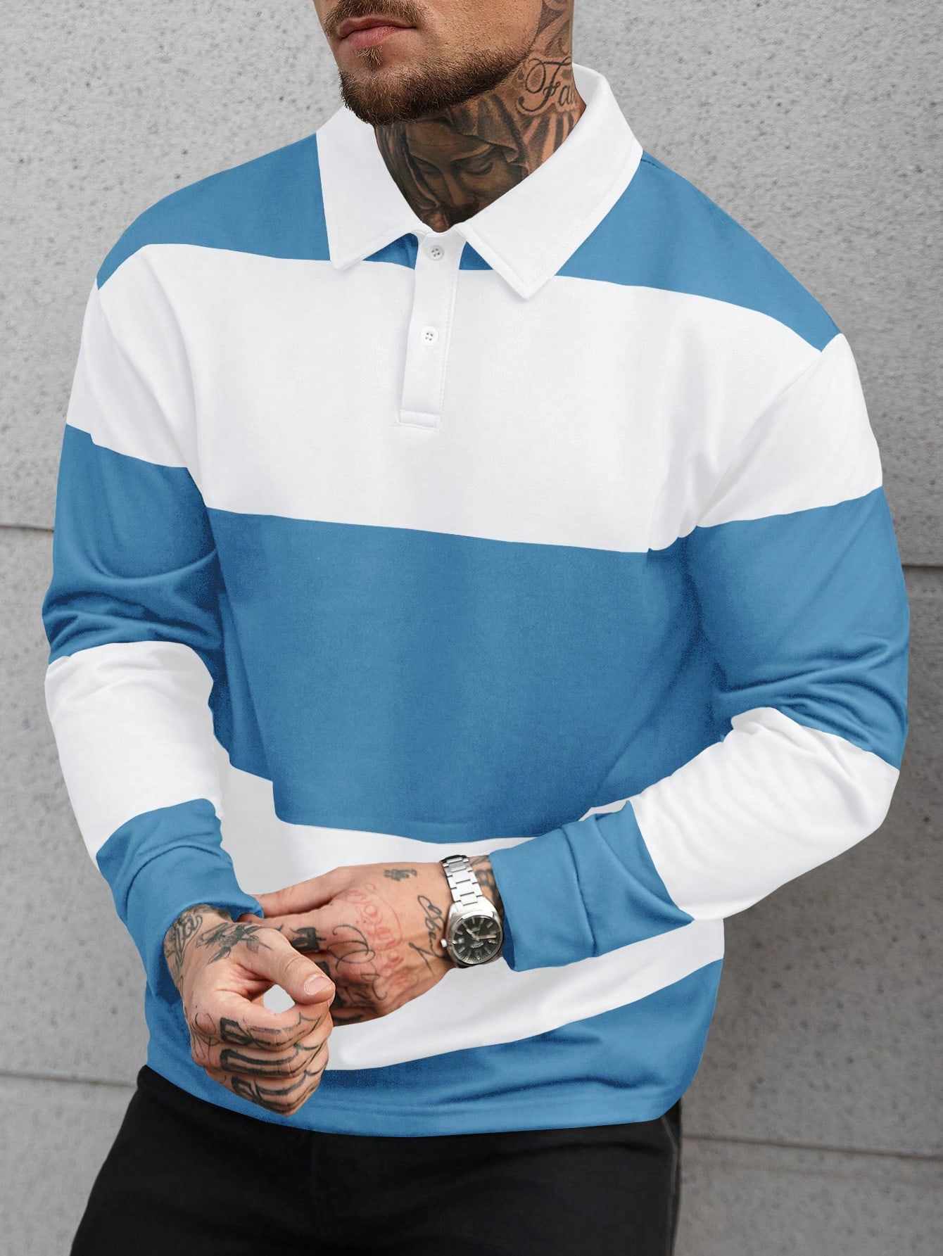 Manfinity Homme Polo à manches longues rayé décontracté ample pour hommes, chemise de — vue 11