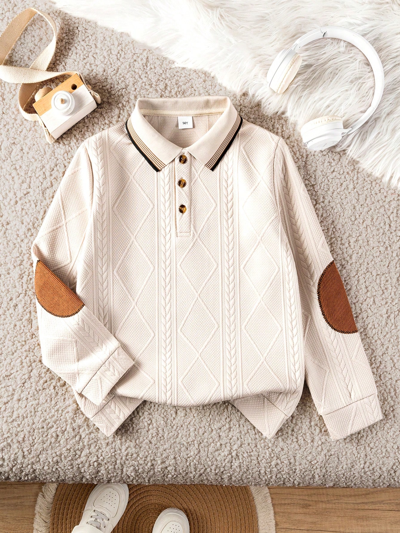 Chemise polo à manches longues texturée abricot vintage preppy pour adolescents garçons, — vue 2