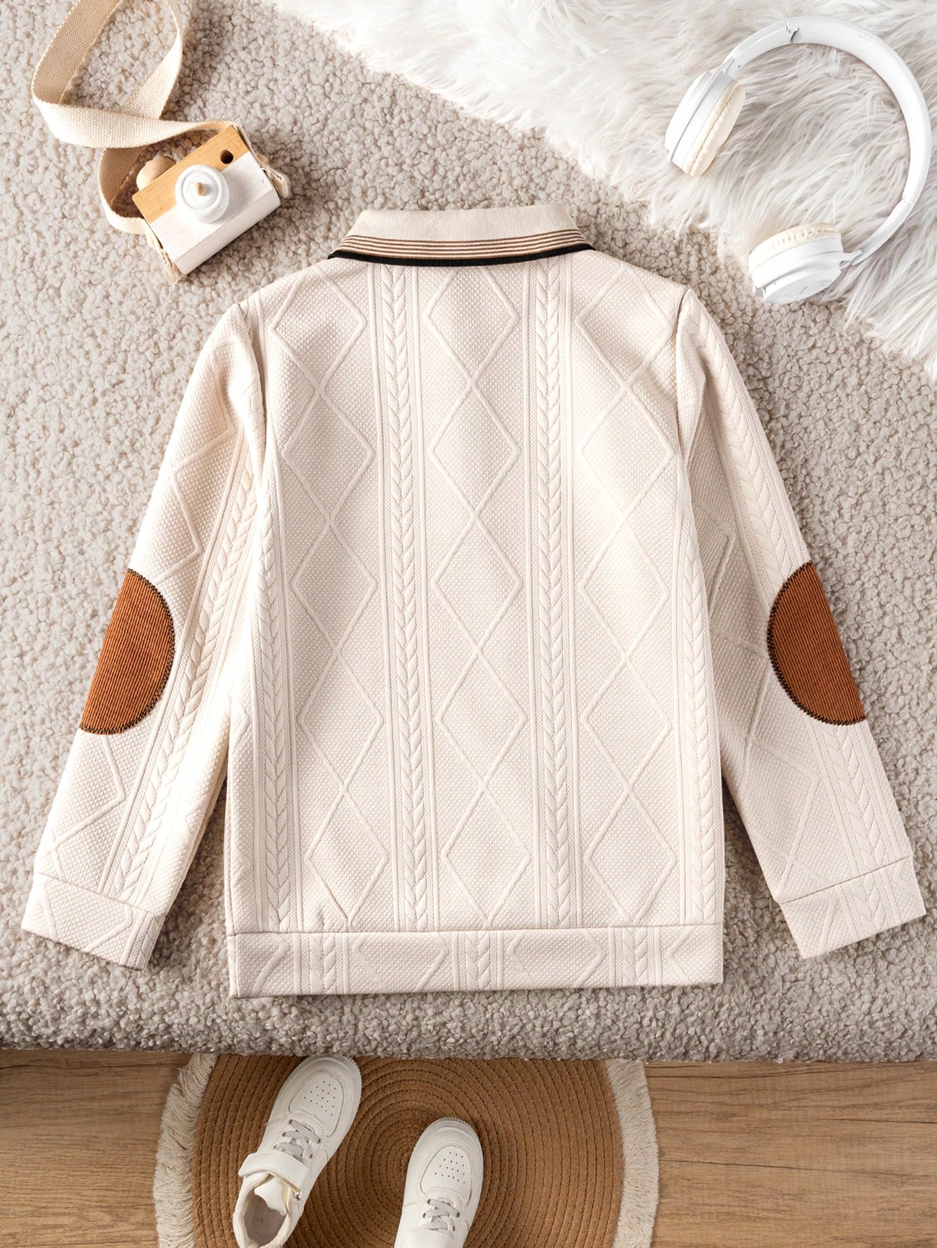 Chemise polo à manches longues texturée abricot vintage preppy pour adolescents garçons, — vue 3