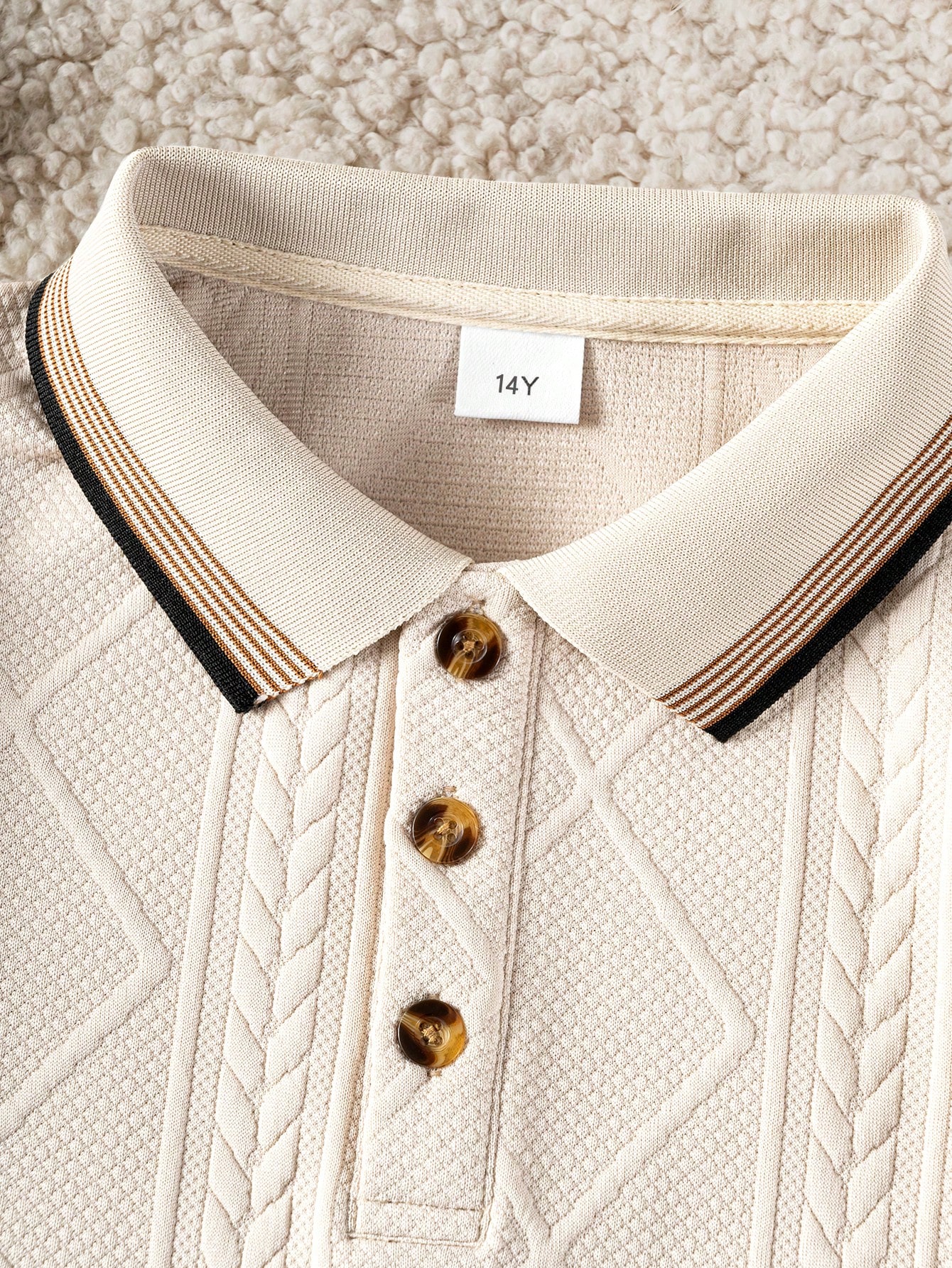 Chemise polo à manches longues texturée abricot vintage preppy pour adolescents garçons, — vue 5