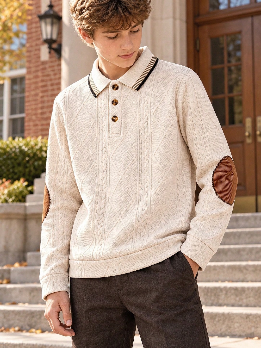 Chemise polo à manches longues texturée abricot vintage preppy pour adolescents garçons,