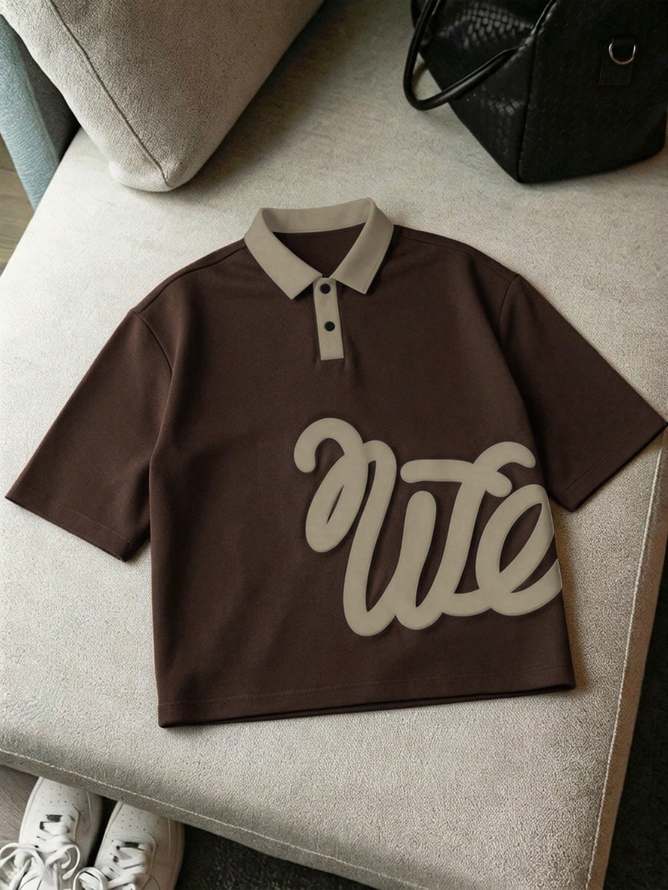 AXEPEAK Chemise polo à manches courtes avec imprimé lettres et couleurs contrastées, — vue 6