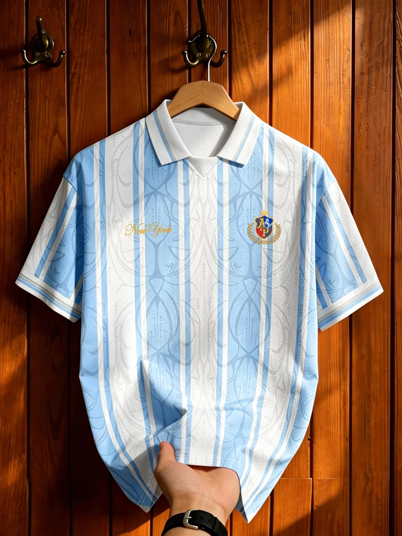 Manfinity Campus Court Polo à rayures avec badge de lettre rétro américain, col de — vue 5