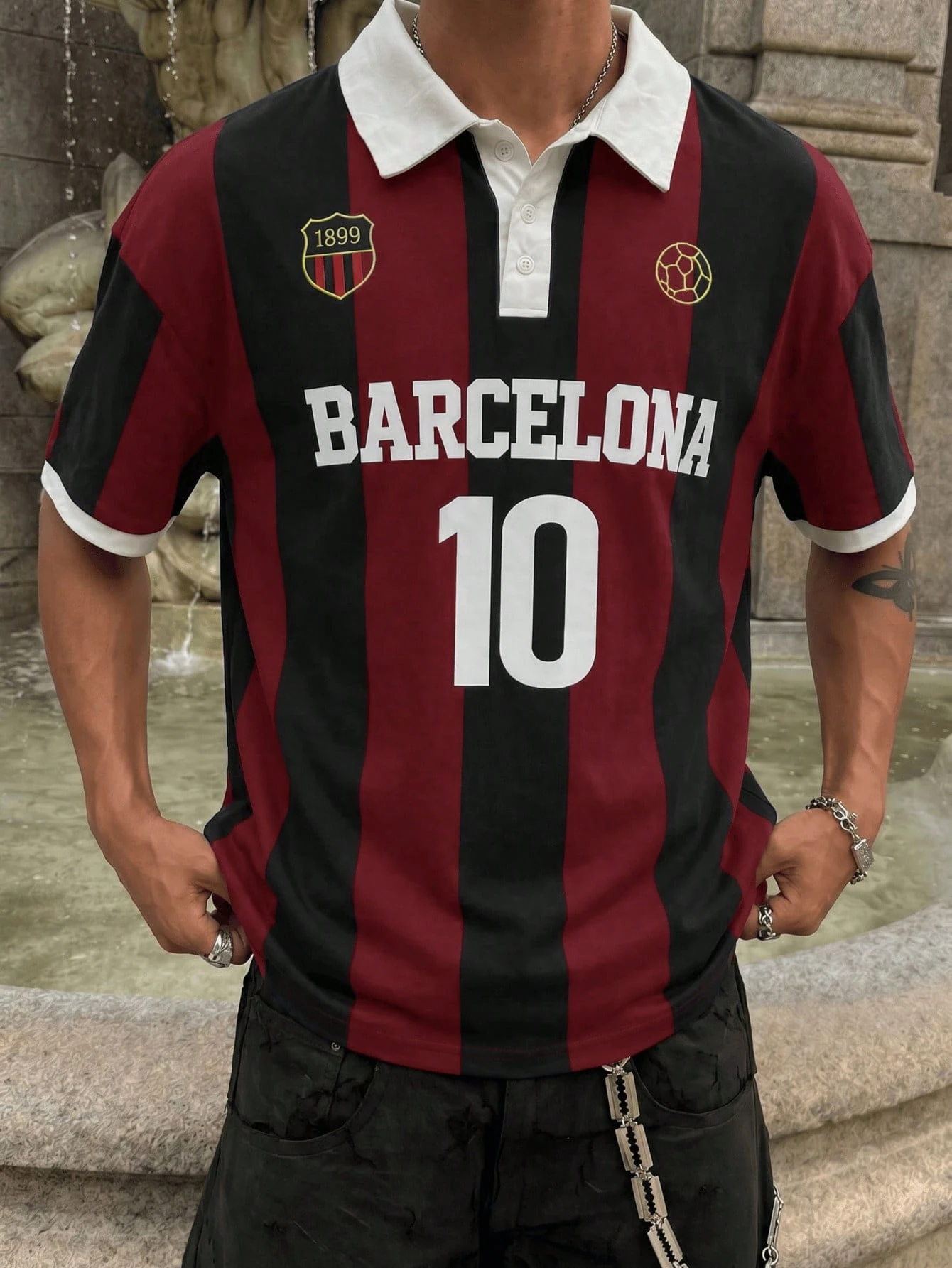 Chemise polo style maillot de football Barcelone pour hommes, t-shirt à motif rayé, tissu — vue 3