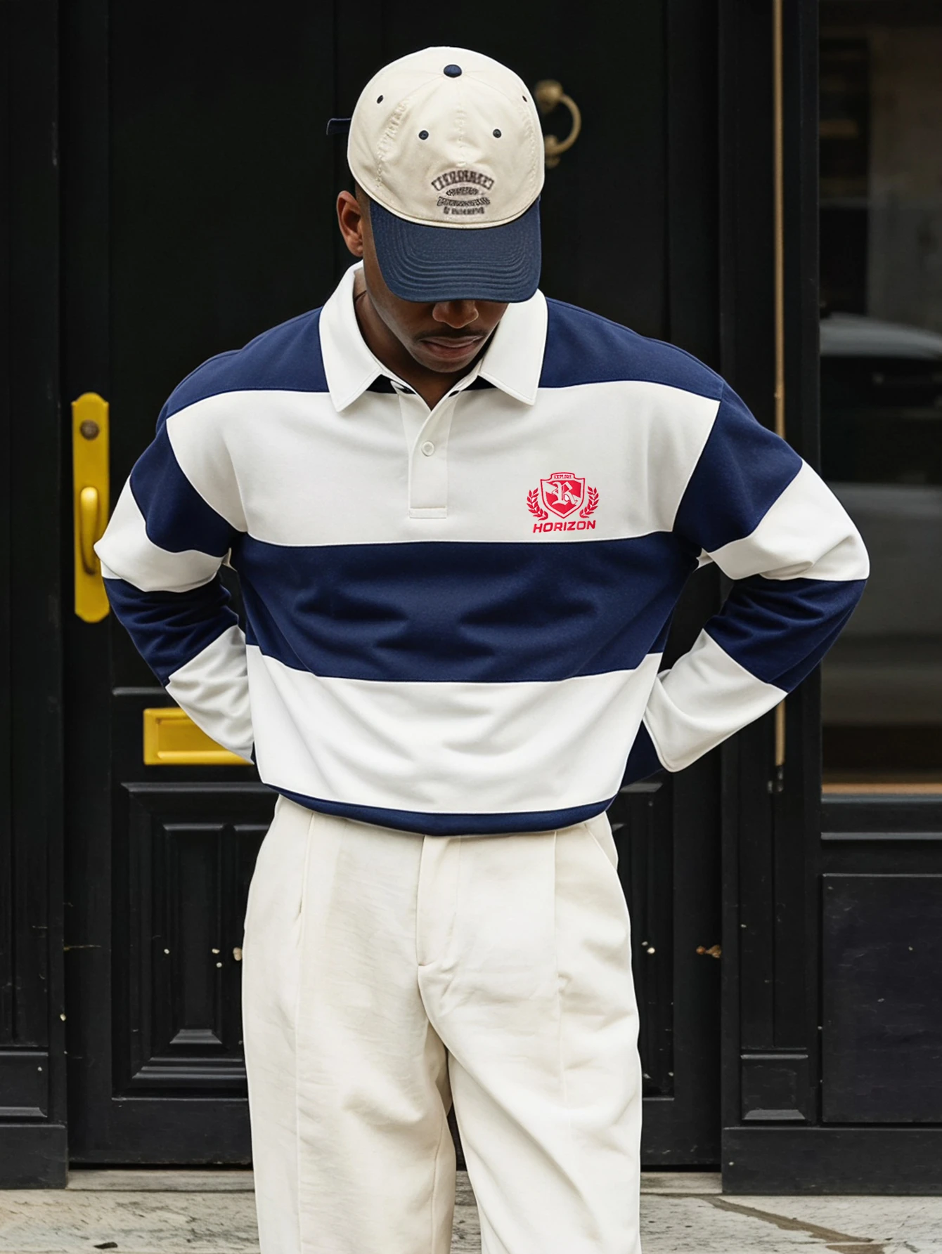 FRESIVO Chemise polo à manches longues en tricot ample avec impression numérique de