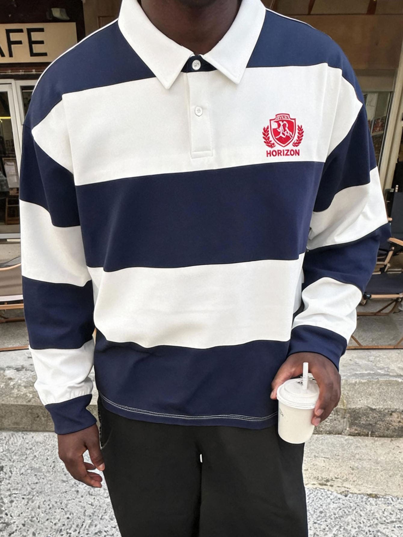 FRESIVO Chemise polo à manches longues en tricot ample avec impression numérique de — vue 4