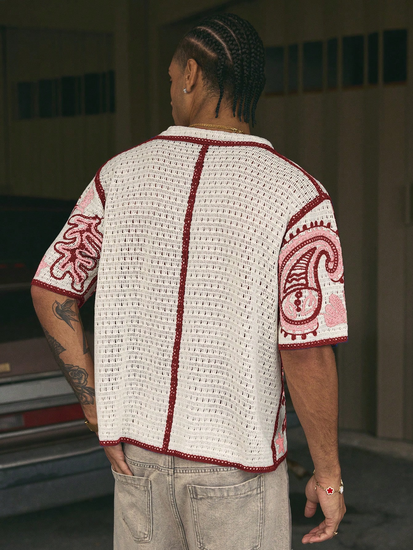 AXEPEAK Polo en tricot ample avec imprimé fleur de cajou pour hommes — vue 2