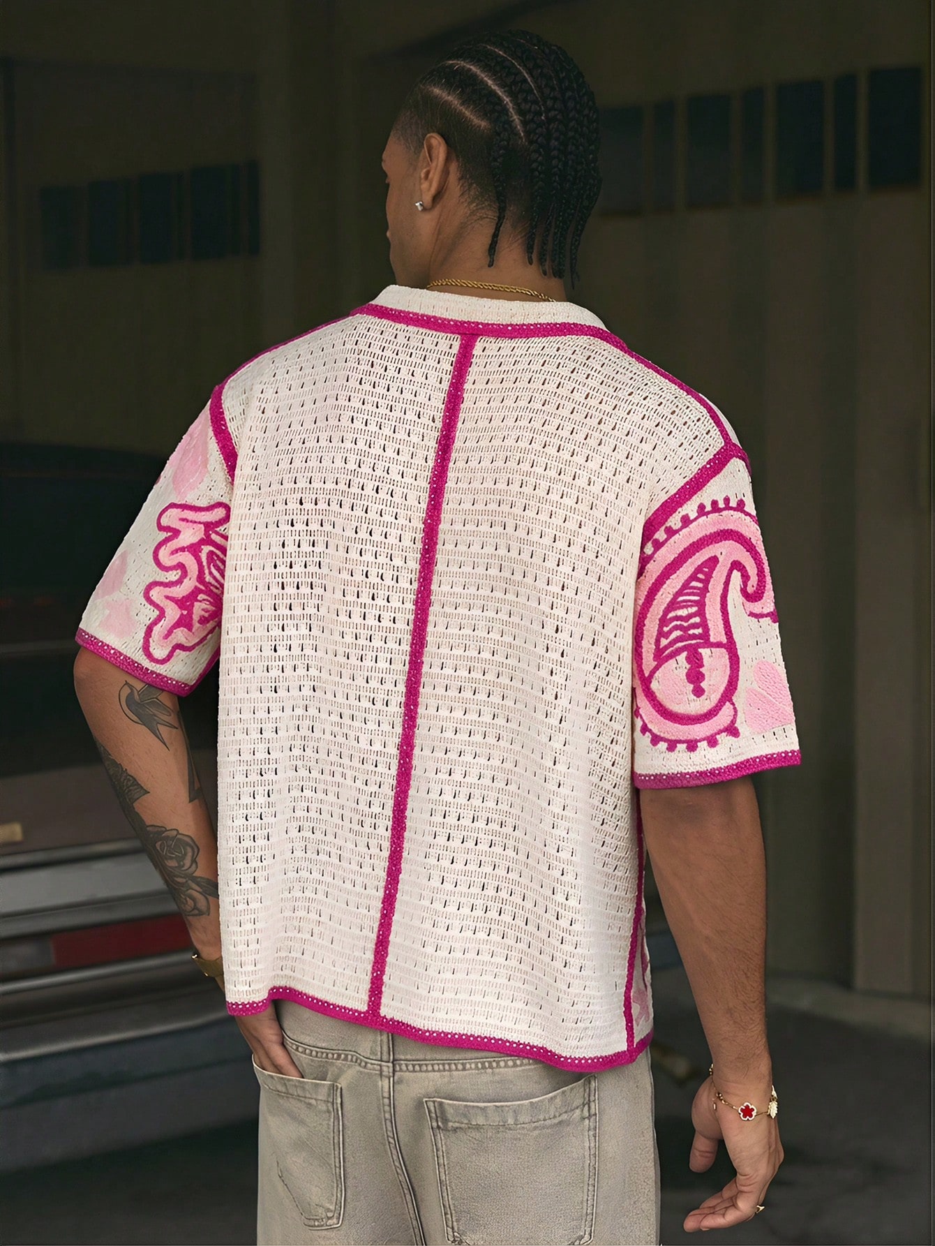 AXEPEAK Polo en tricot ample avec imprimé fleur de cajou pour hommes — vue 4