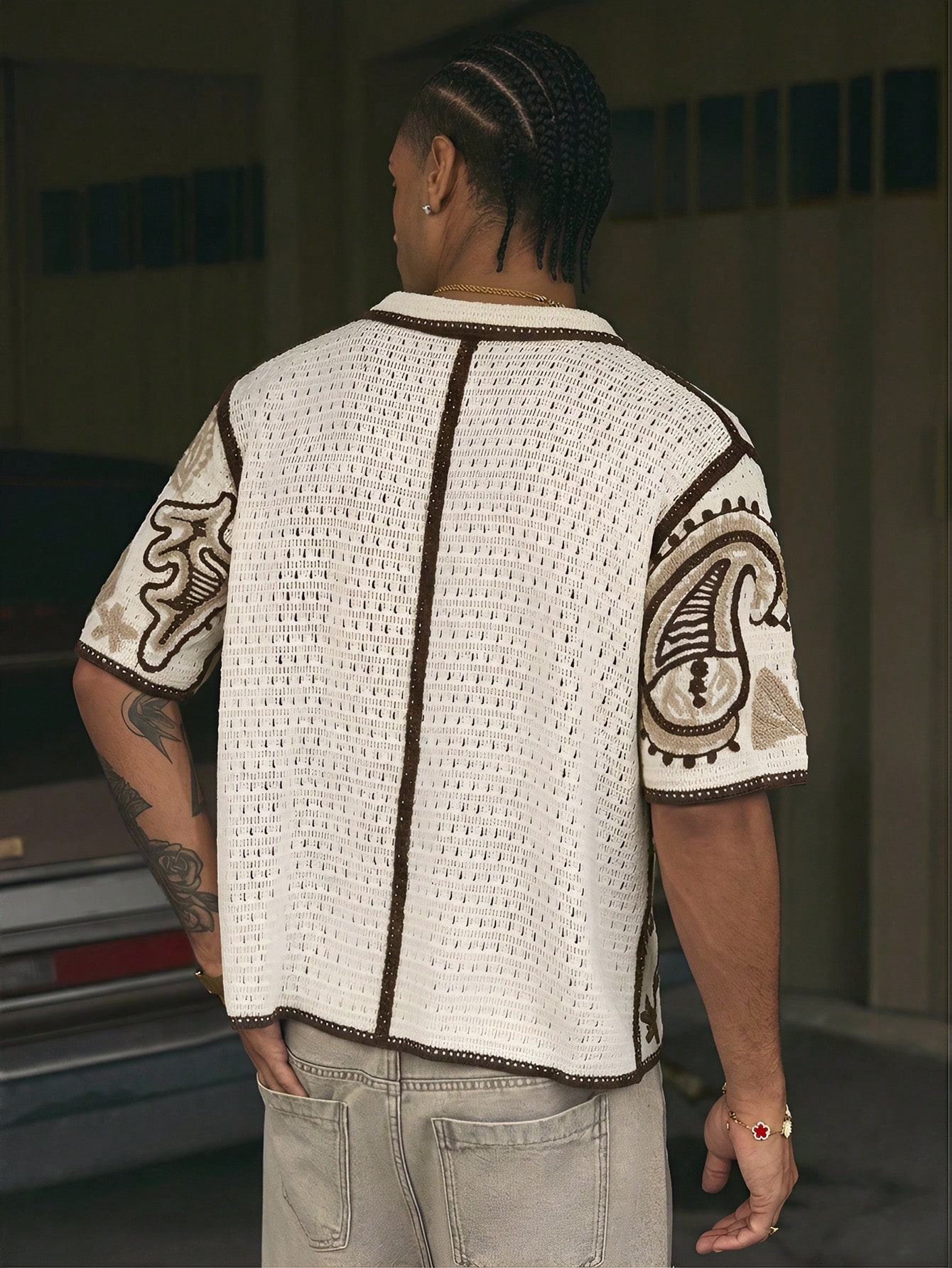 AXEPEAK Polo en tricot ample avec imprimé fleur de cajou pour hommes — vue 7