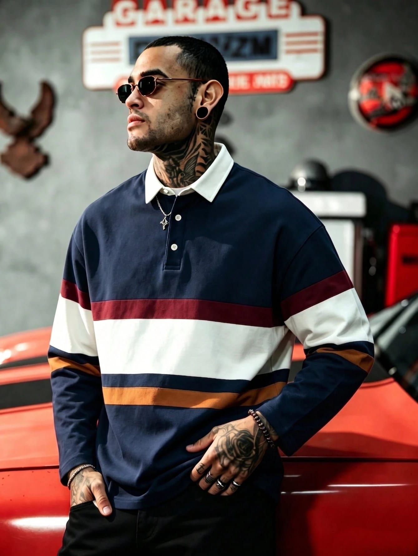 Polo de rugby vintage à blocs de couleurs et rayures multiples pour hommes, bleu marine,