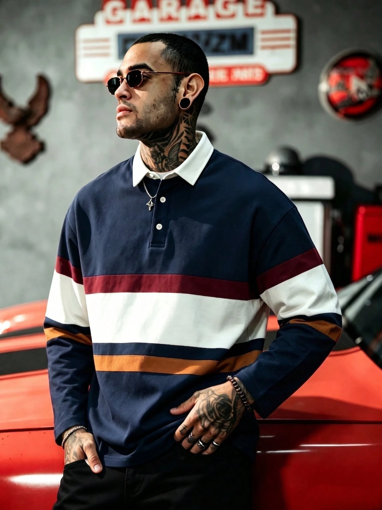 Polo de rugby vintage à blocs de couleurs et rayures multiples pour hommes, bleu marine,