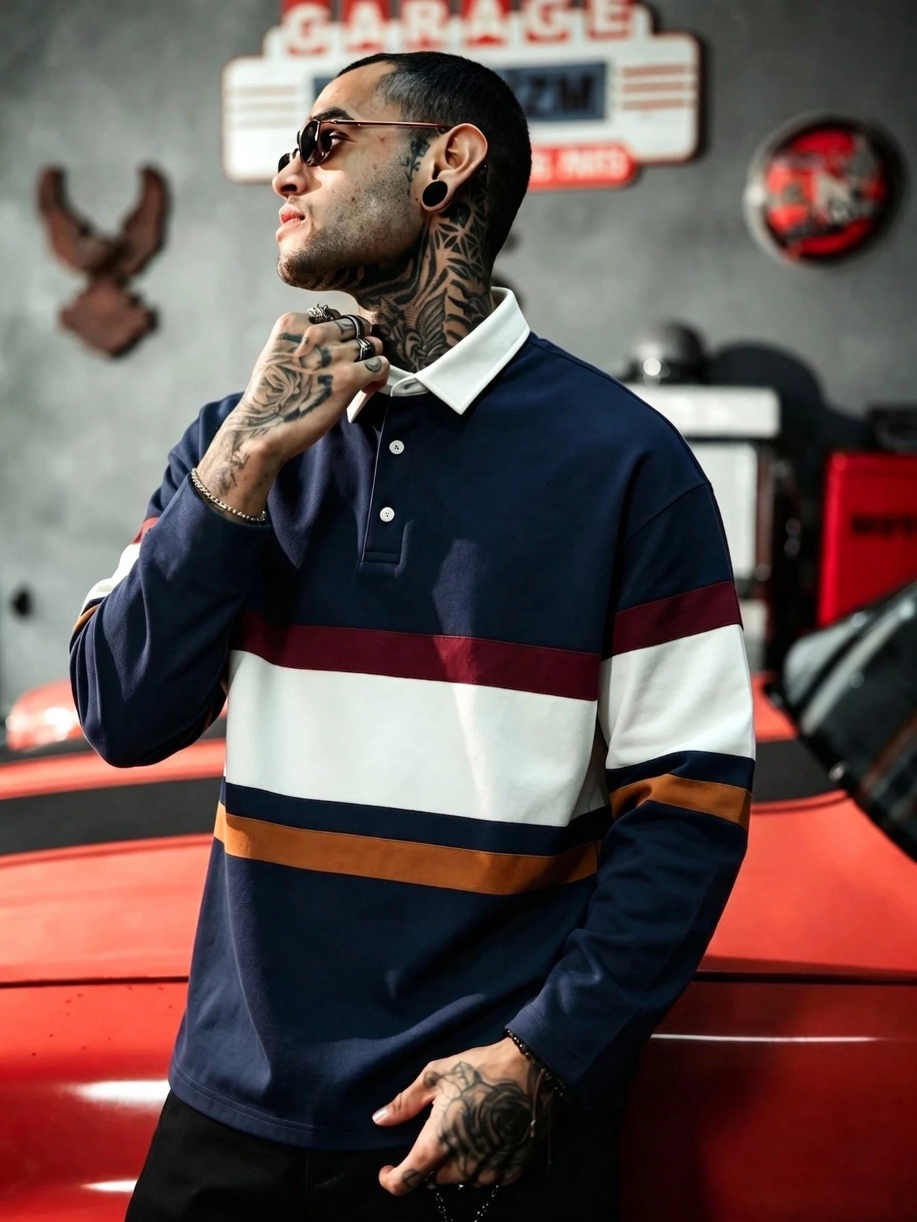 Polo de rugby vintage à blocs de couleurs et rayures multiples pour hommes, bleu marine, — vue 2