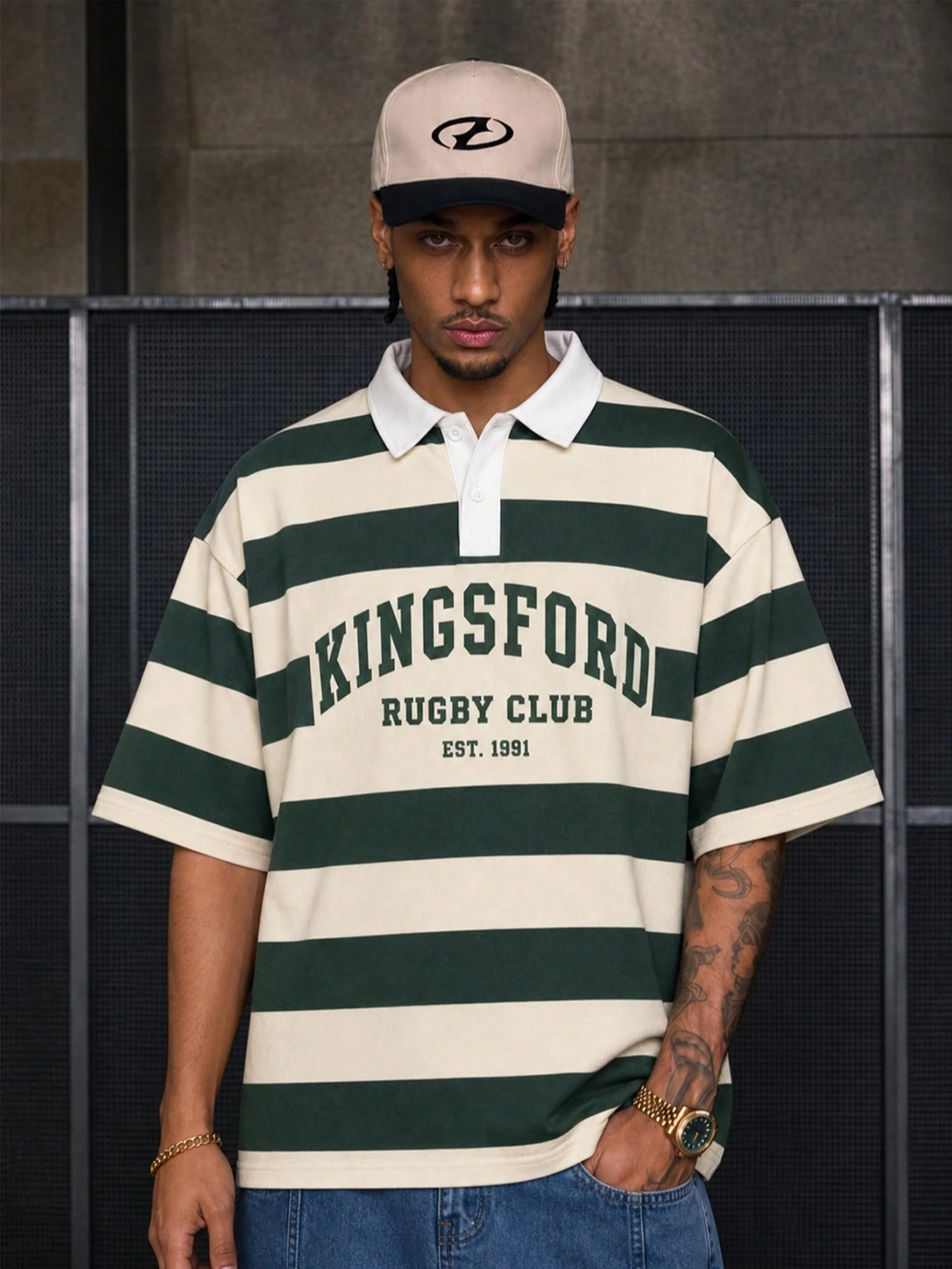 Chemise polo style rugby vintage à larges rayures pour hommes, imprimé lettres