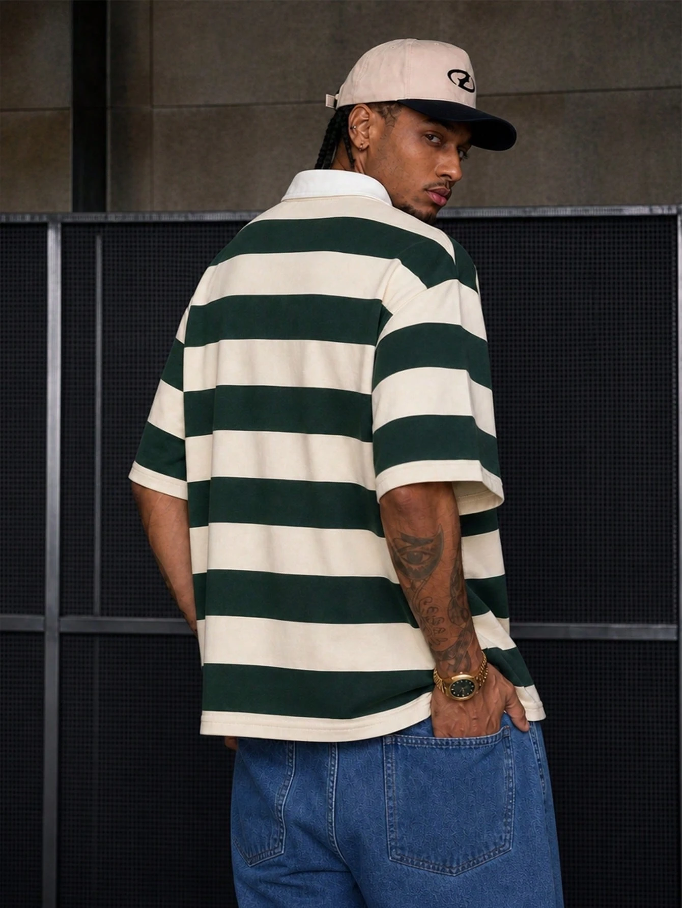 Chemise polo style rugby vintage à larges rayures pour hommes, imprimé lettres — vue 2