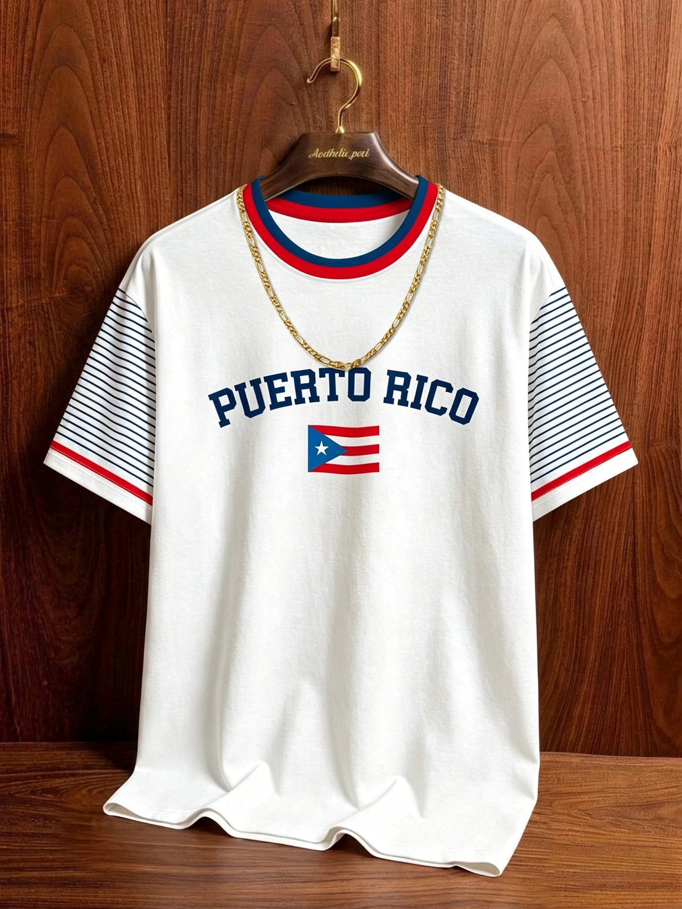 Aesthetic Post T-shirt graphique blanc avec imprimé lettre Porto Rico pour hommes, col — vue 2