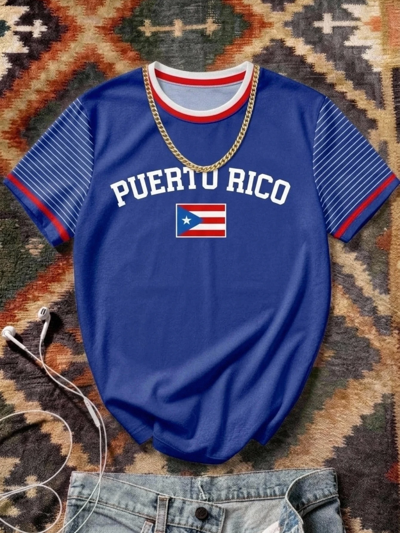 Aesthetic Post T-shirt graphique blanc avec imprimé lettre Porto Rico pour hommes, col — vue 5