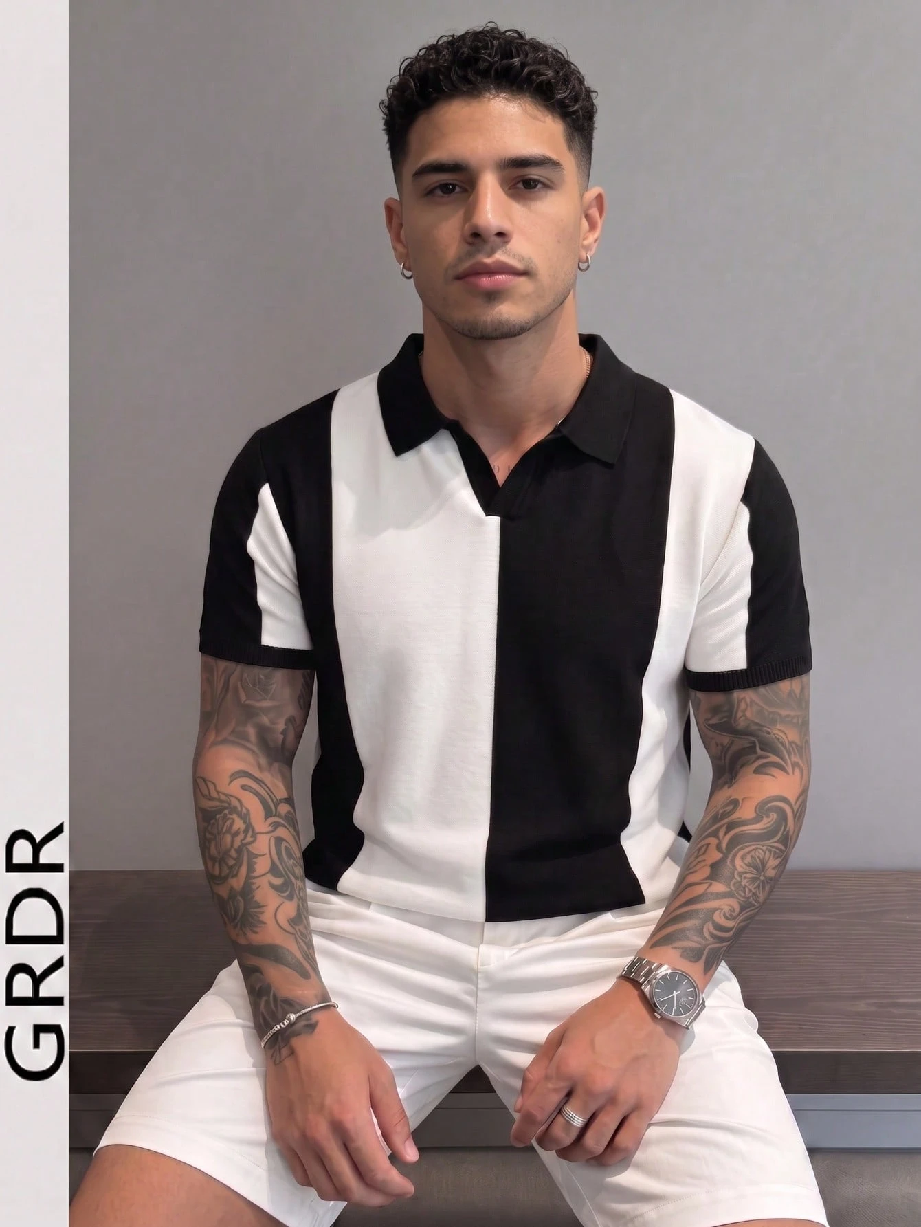 Polo col chemise homme GRDR d'été en patchwork, Top tricoté à manches courtes de style — vue 3