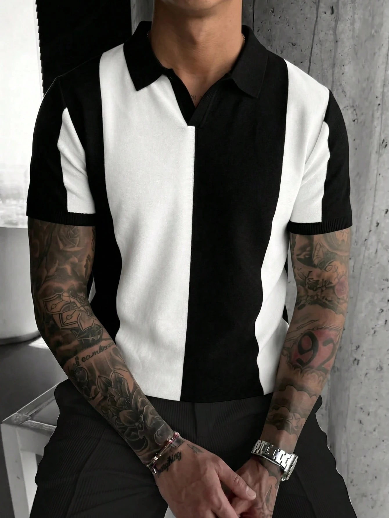 Polo col chemise homme GRDR d'été en patchwork, Top tricoté à manches courtes de style — vue 6