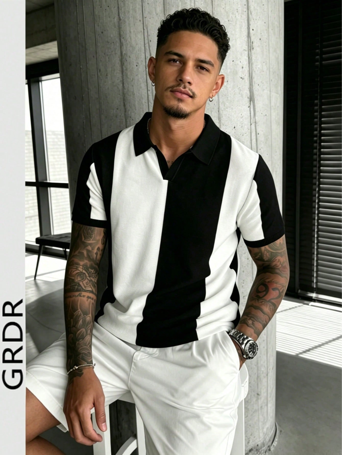 Polo col chemise homme GRDR d'été en patchwork, Top tricoté à manches courtes de style — vue 11