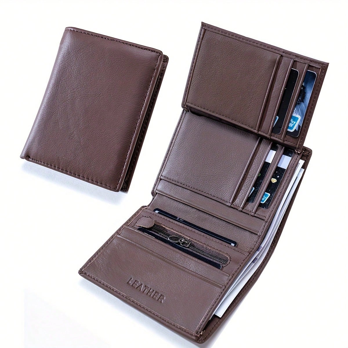 Portefeuille pliant en cuir véritable à 3 volets avec protection RFID et porte-monnaie à