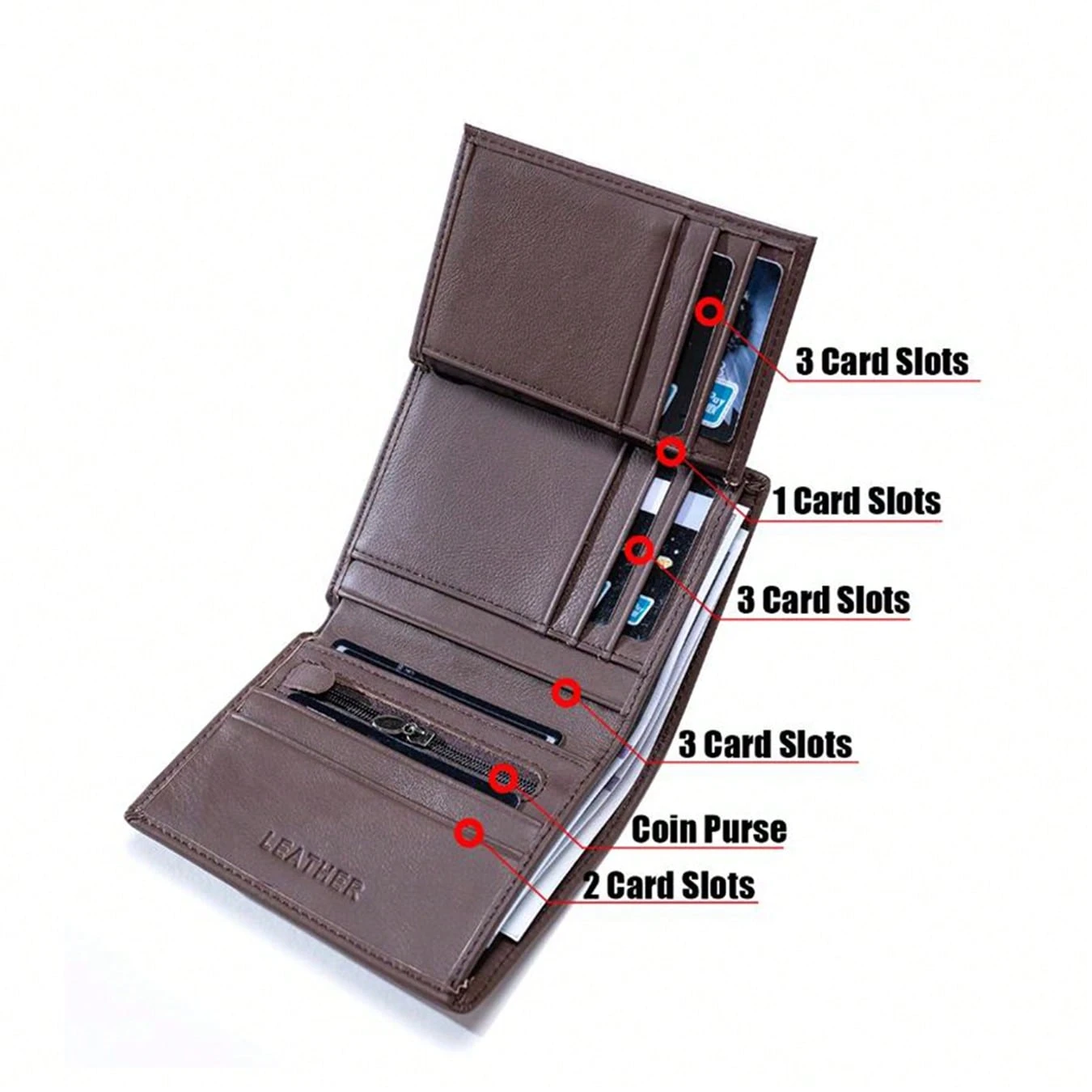 Portefeuille pliant en cuir véritable à 3 volets avec protection RFID et porte-monnaie à — vue 4